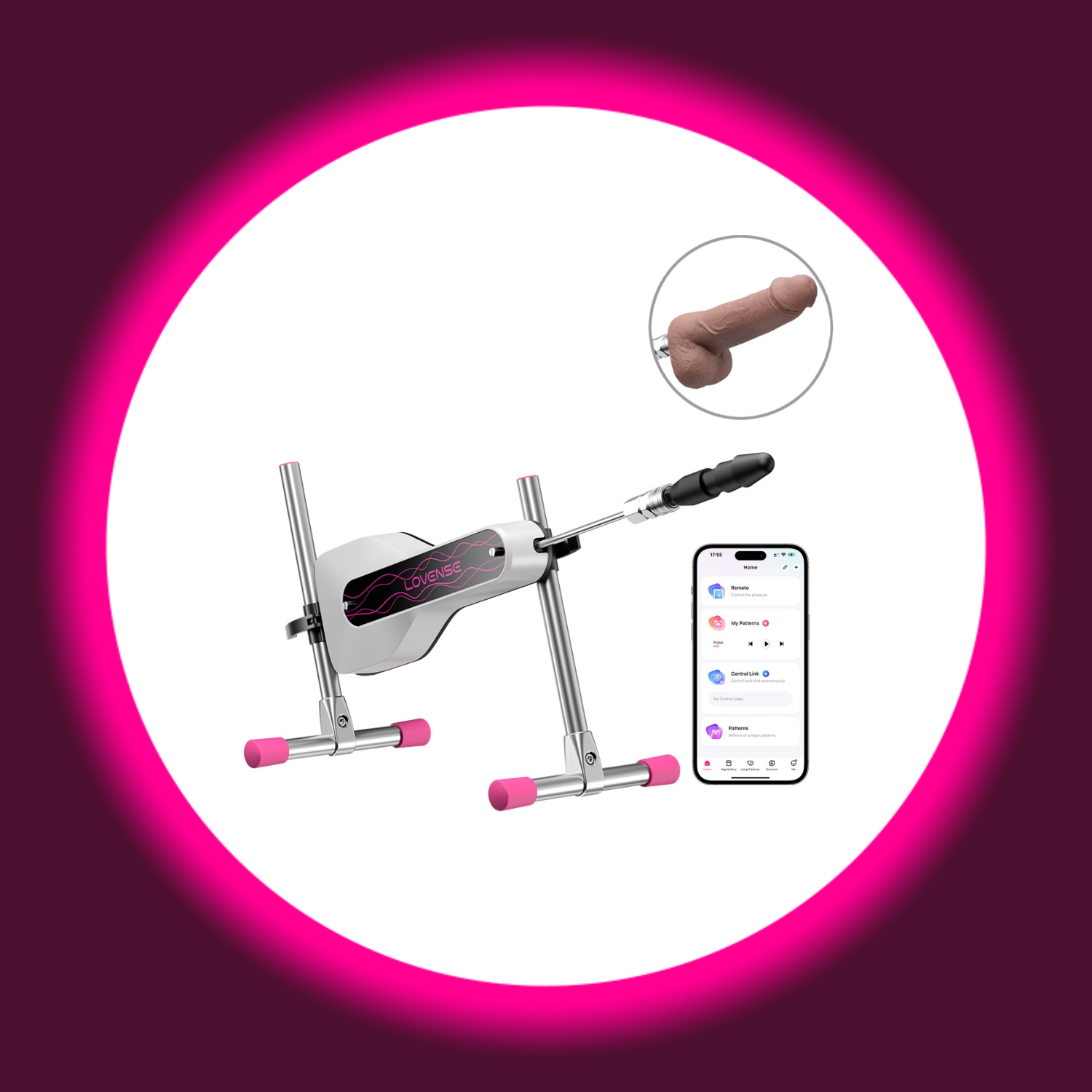 Winkelansicht silberne kleine Sexmaschine mit Dildo-Aufsatz und Remote-App, Lovense Mini Sex Machine