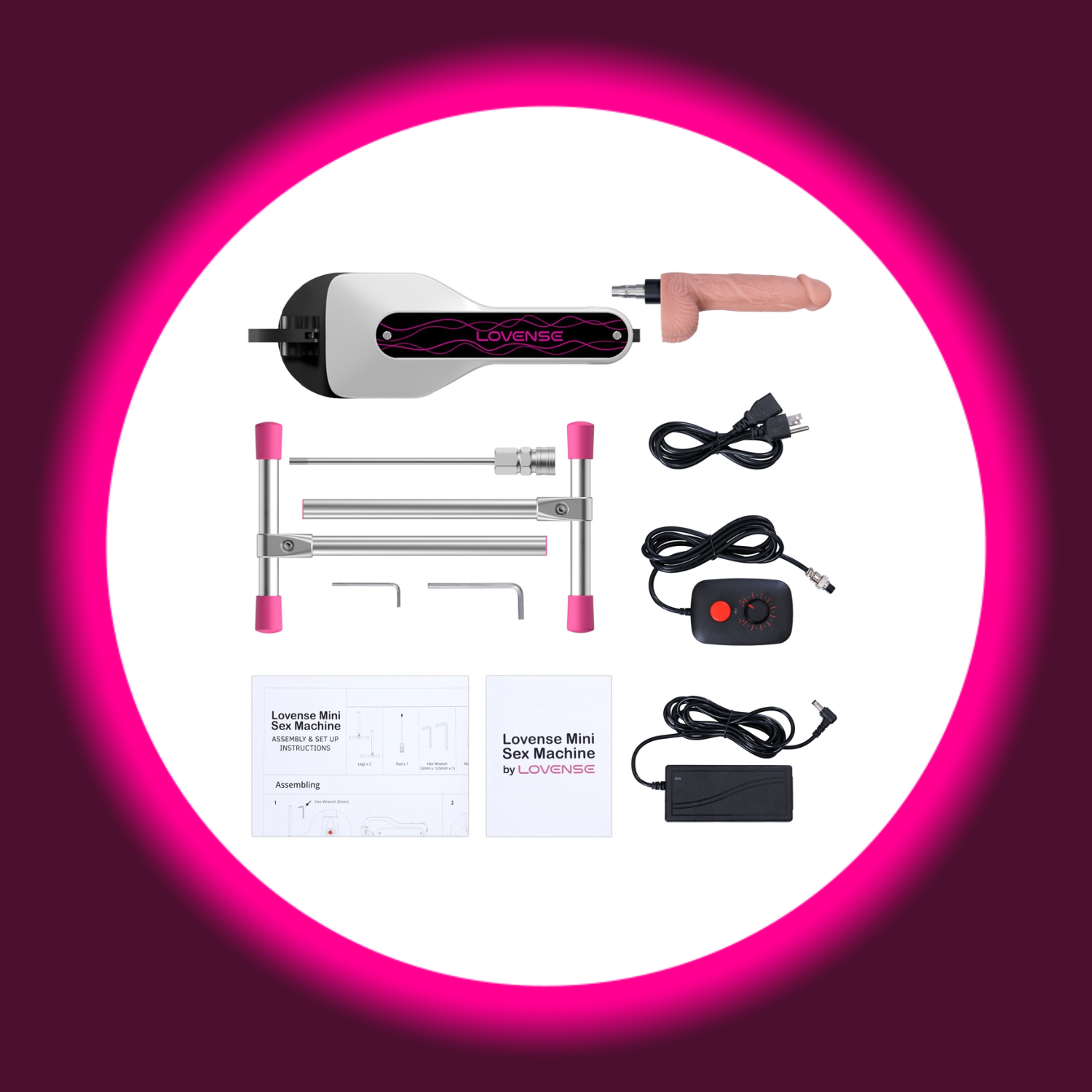 Zubehör und Anbauteile einer kleinen silbernen Sexmaschine, Lovense Mini Sex Machine