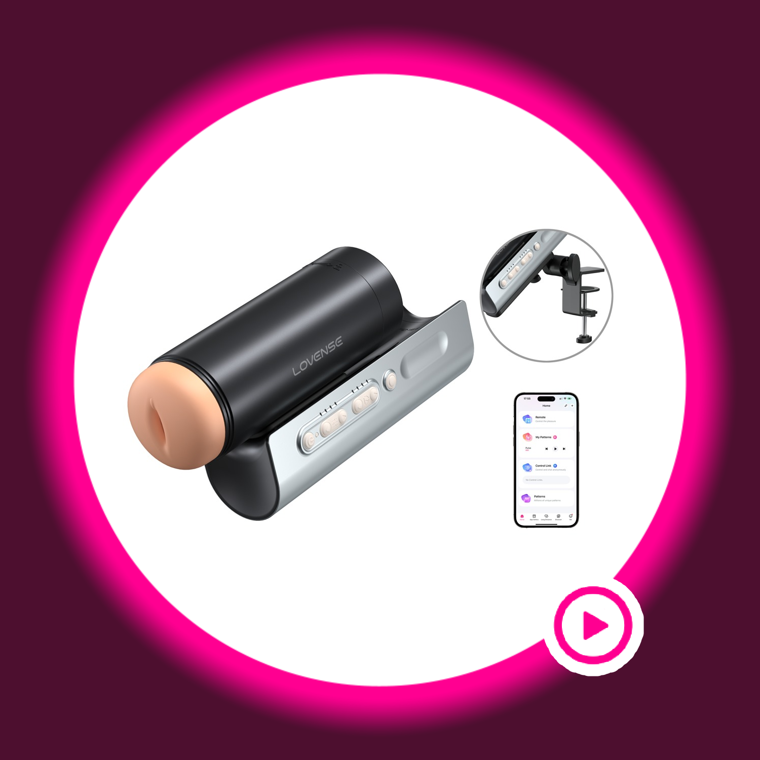 Winkelansicht schwarzer Masturbator mit silberner Halterung und Remote-App, Lovense Solace Pro