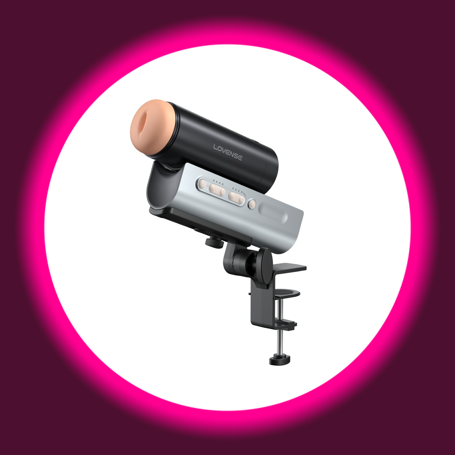 Winkelansicht schwarzer Masturbator mit silberner Halterung und hautfarbener Innensleeve, Lovense Solace Pro