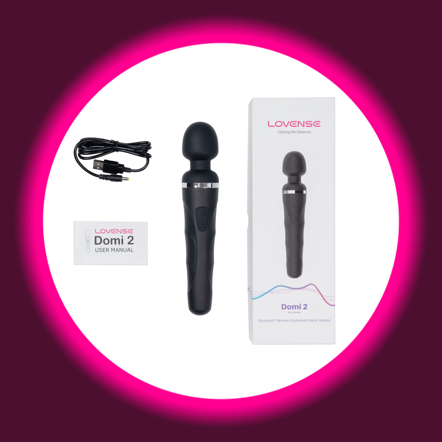 schwarzer Wandvibrator Domi 2 von Lovense, daneben die Produktverpackung und das USB-Ladekabel