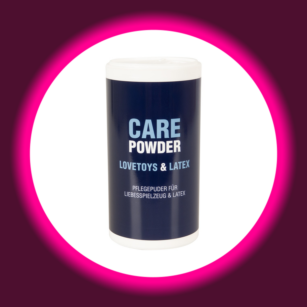 Lovetoy Care Powder Pflegepuder für Liebesspielzeug in der weißen 150-g-Dose mit dunkelblauem Etikett und weißem Schraubverschluss, Frontansicht