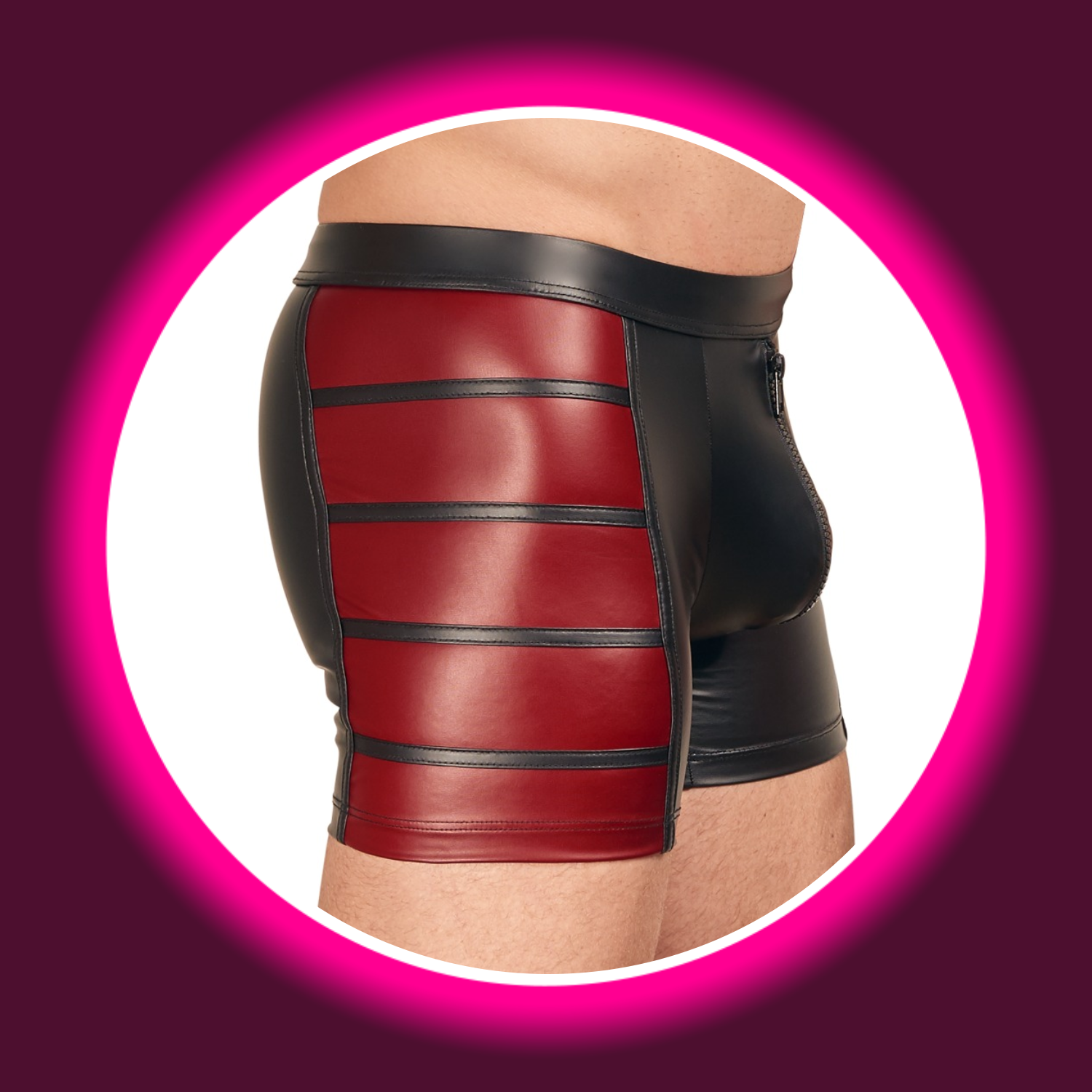 seitliche Ansicht schwarze enge Shorts mit roten Streifen, mit Frontreißverschluss, NEK