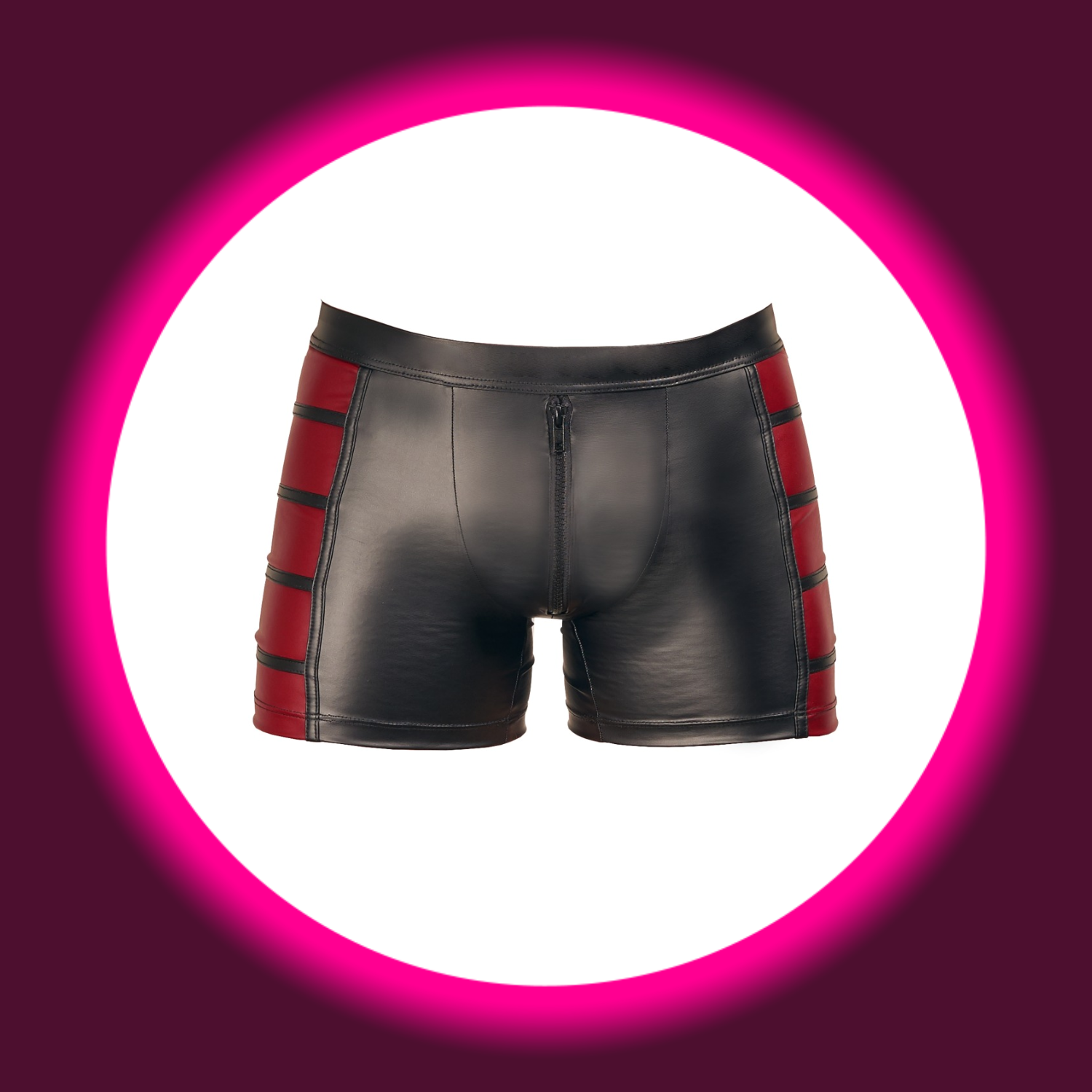 Frontansicht schwarze enge Shorts mit Reißverschluss und roten Streifen, NEK