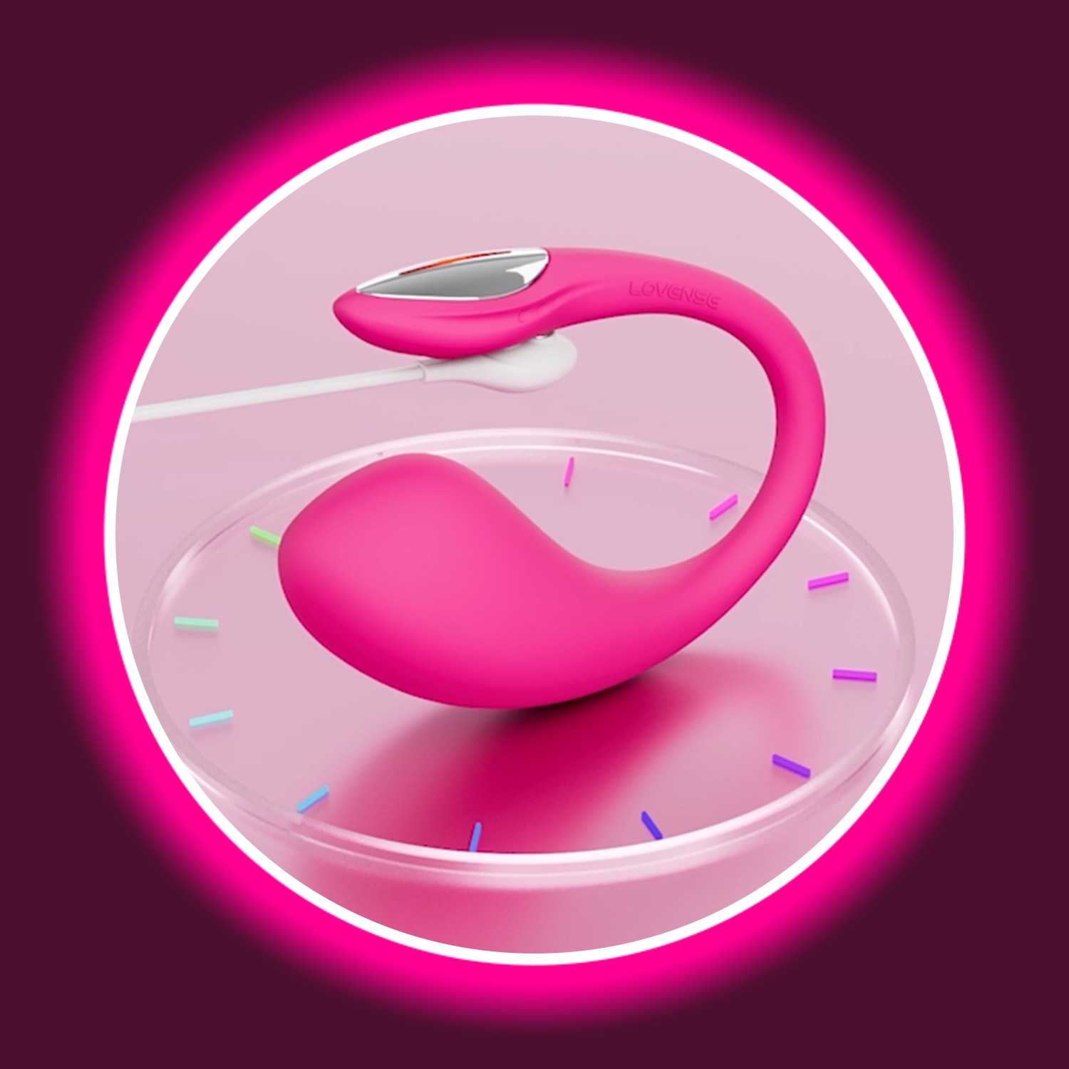 seitliche Ansicht eines pinken Vibrations-Ei mit angeschlossenem Ladekabel, Lovense Lush 4