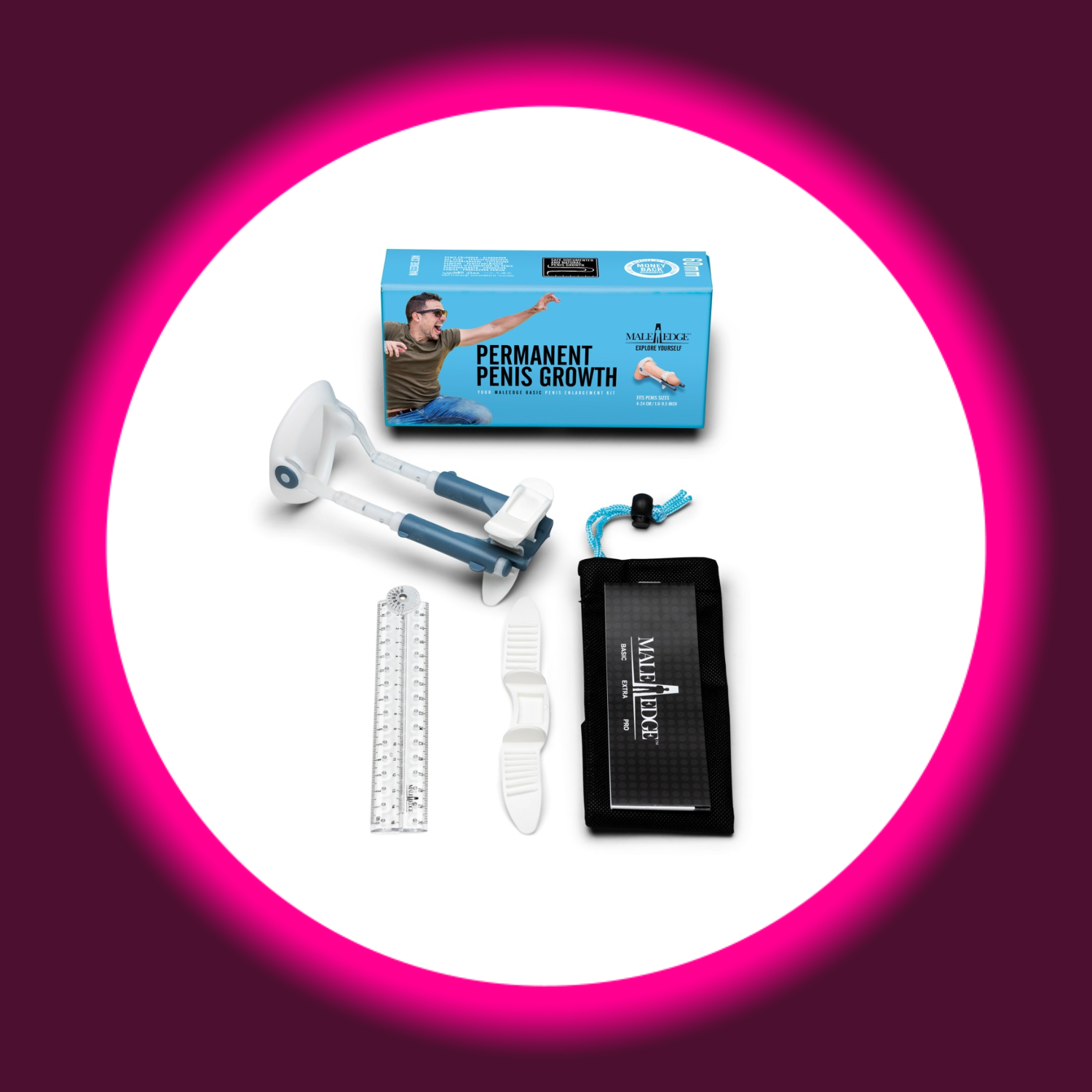 blaue Verpackung und ein Penis-Extender inklusive Zubehör von Male Edge