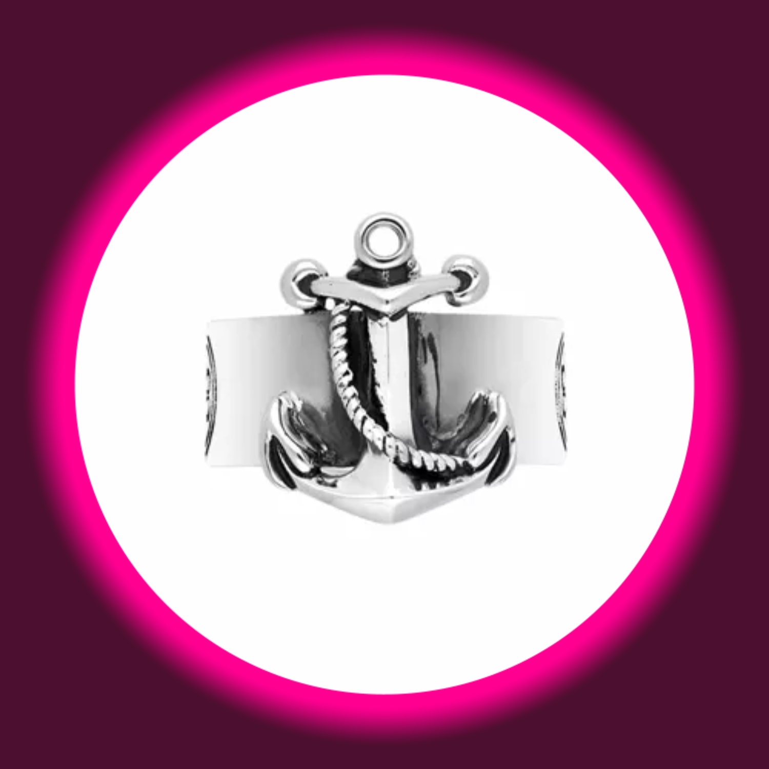 Frontansicht breiter maritimer Ring aus 925 Sterling Silber mit Anker, für Herren