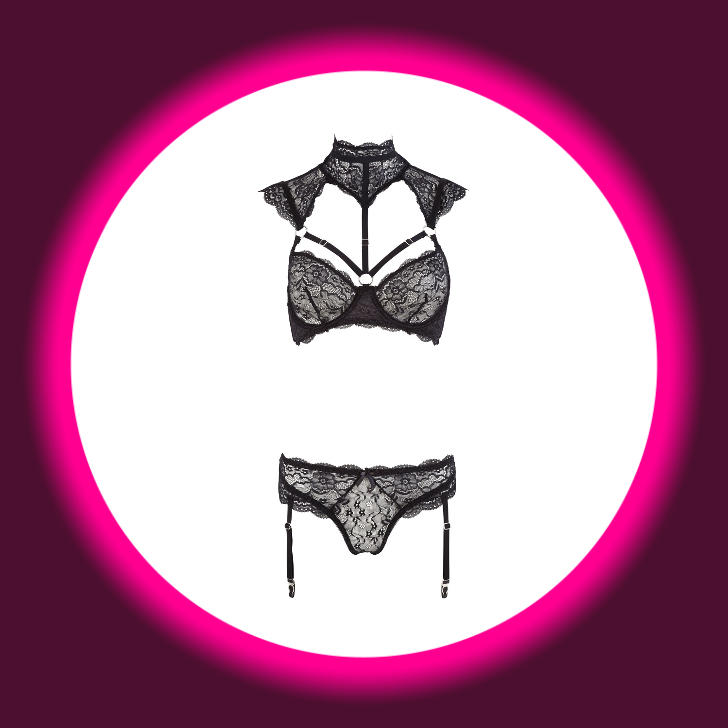 schwarze Dessous mit Spitze und Strapshaltern, von Cotelli Lingerie