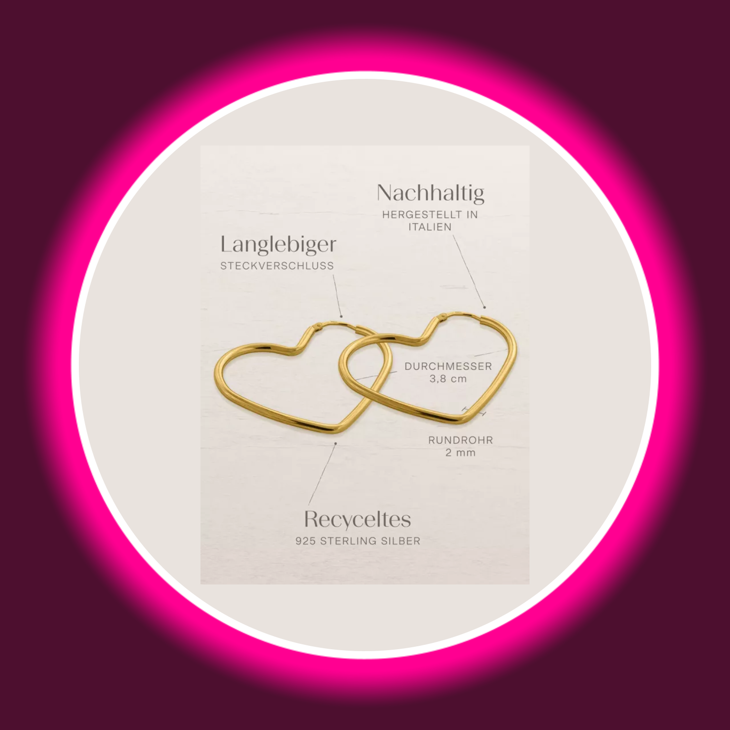 Beschreibung mit Maßen und Materialien der Creolen in Herzform von Modabilé