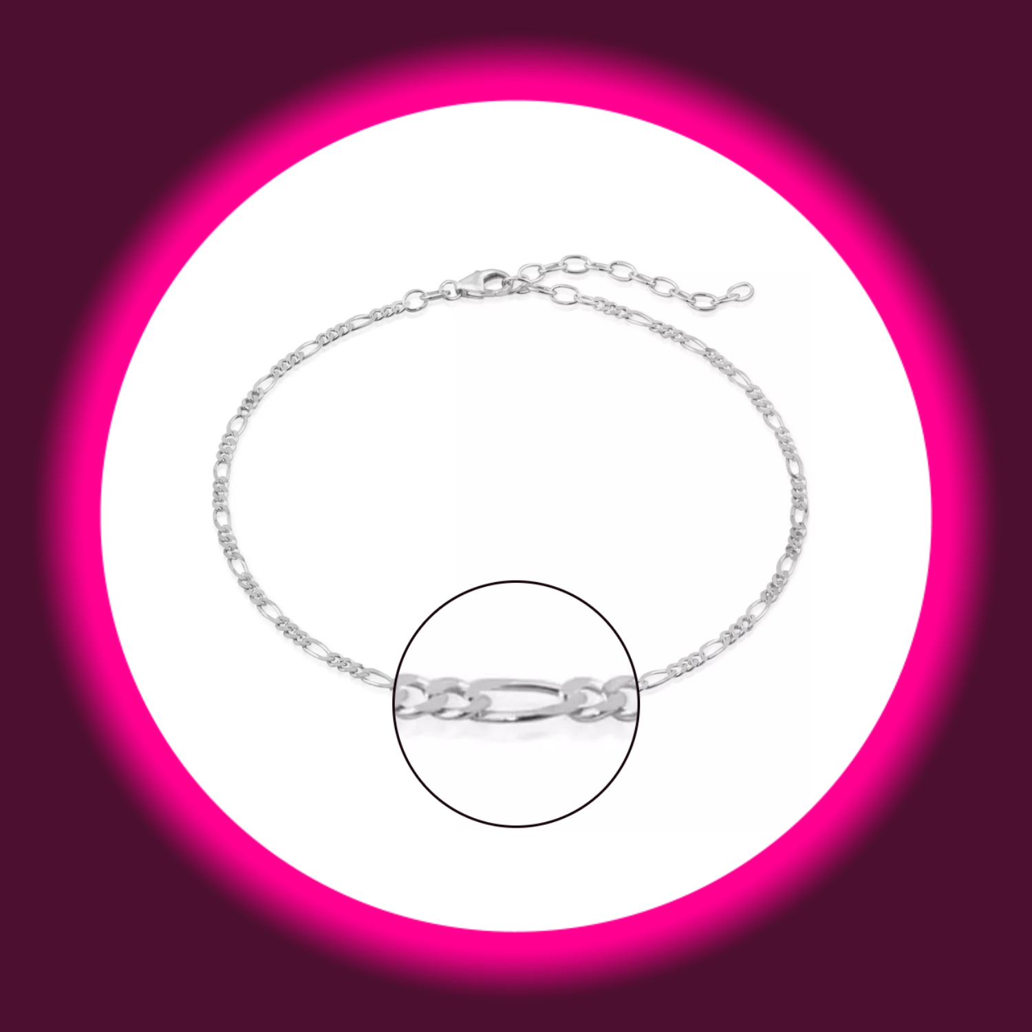 silberne Fußkette Figaro von Modabilé mit unterschiedlichen Kettengliedern und Karabinerhaken