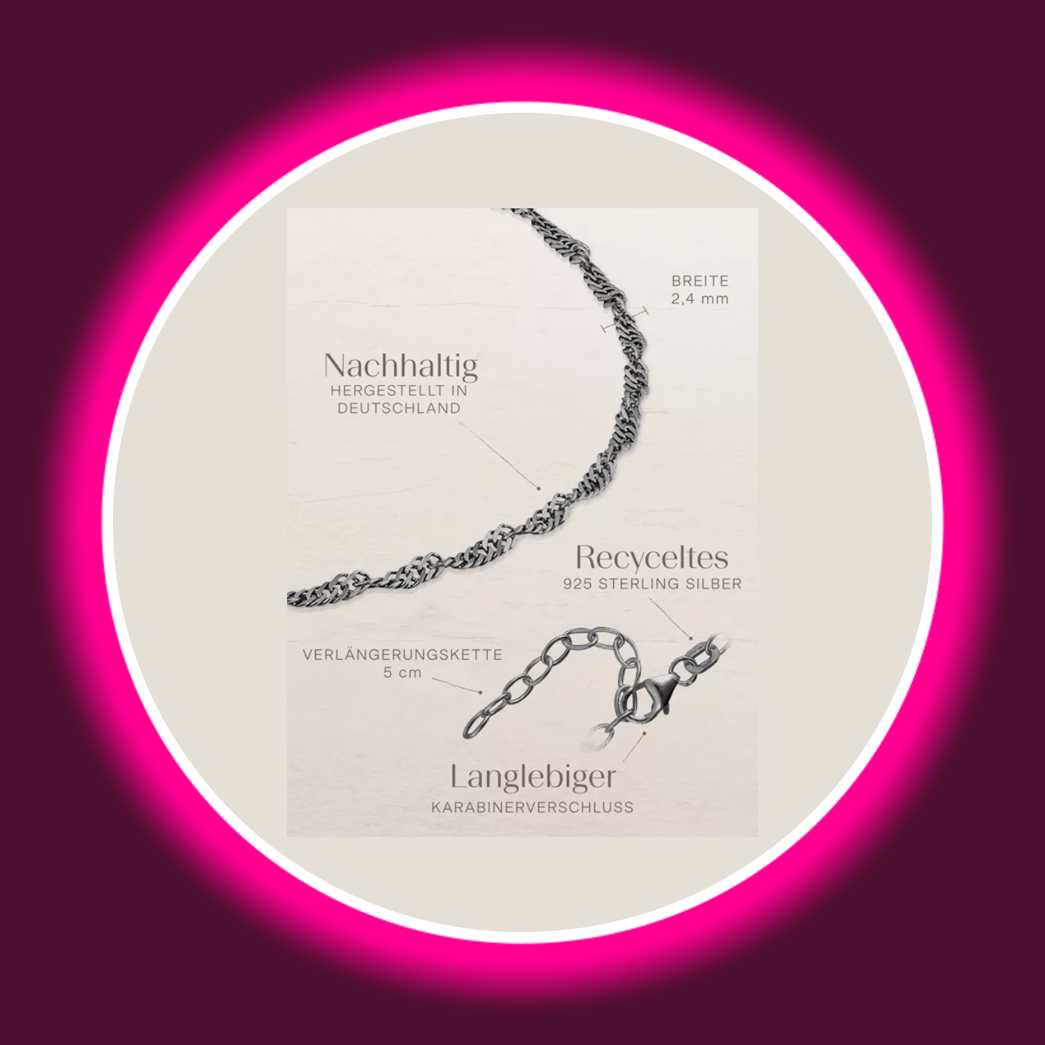 Beschreibung mit Längen und Materialien der Fusskette Singapore von Modabilé