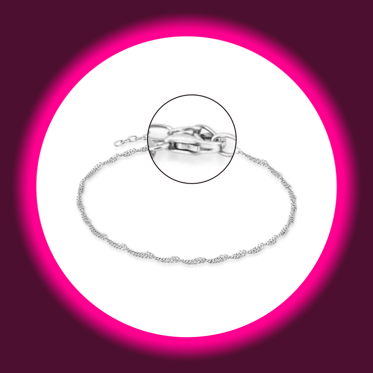 Detailansicht des Verschlusses einer silbernen Fußkette Singapore aus Silber von Modabilé auf weißem Untergrund