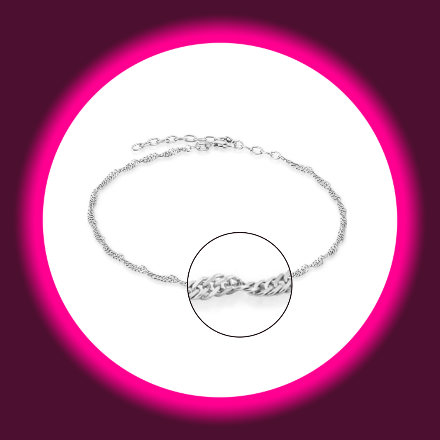 Detailansicht der Kettenglieder einer silbernen Fußkette Singapore aus Silber von Modabilé auf weißem Untergrund