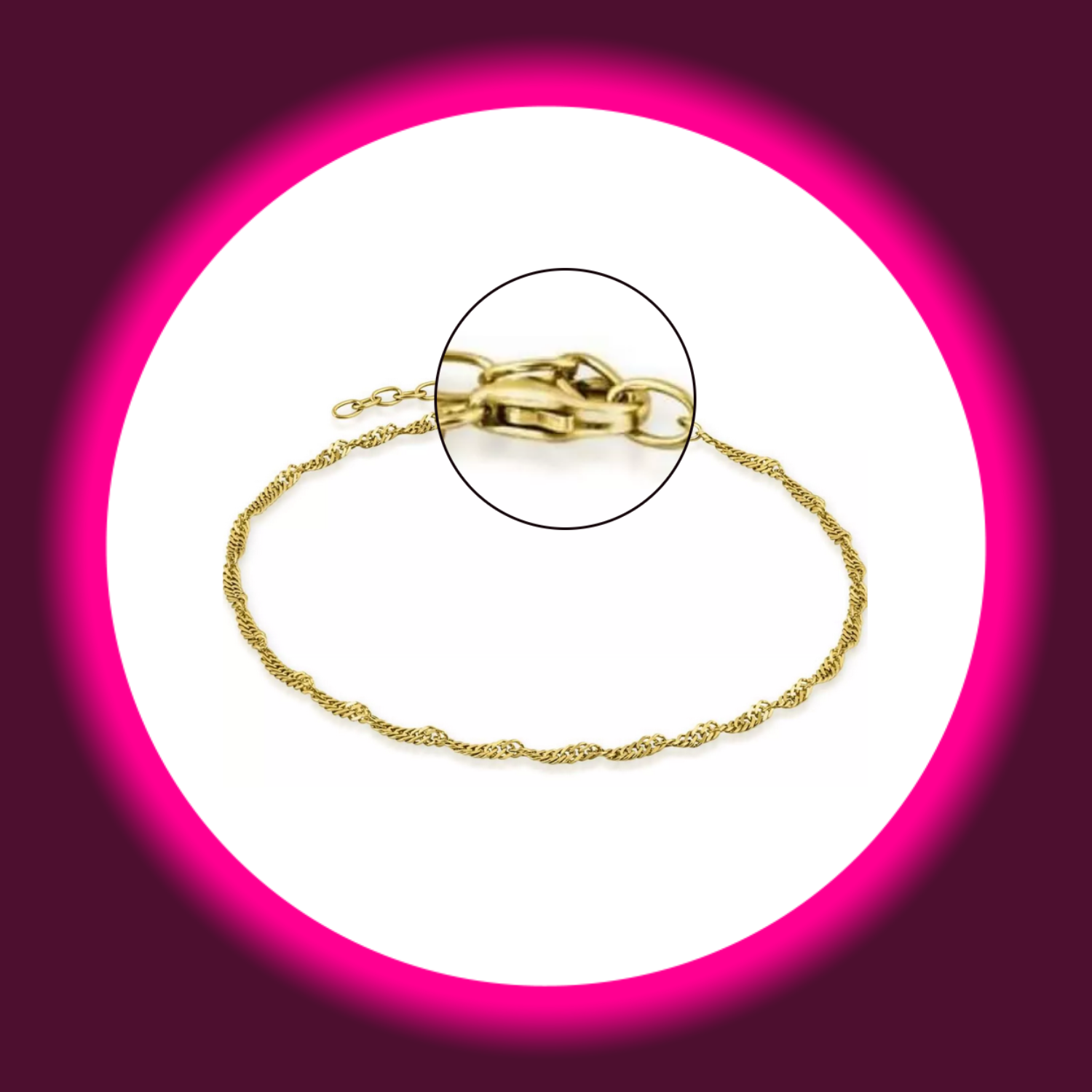 Detailansicht des Verschlusses einer vergoldeten Fußkette Singapore aus Silber von Modabilé auf weißem Untergrund