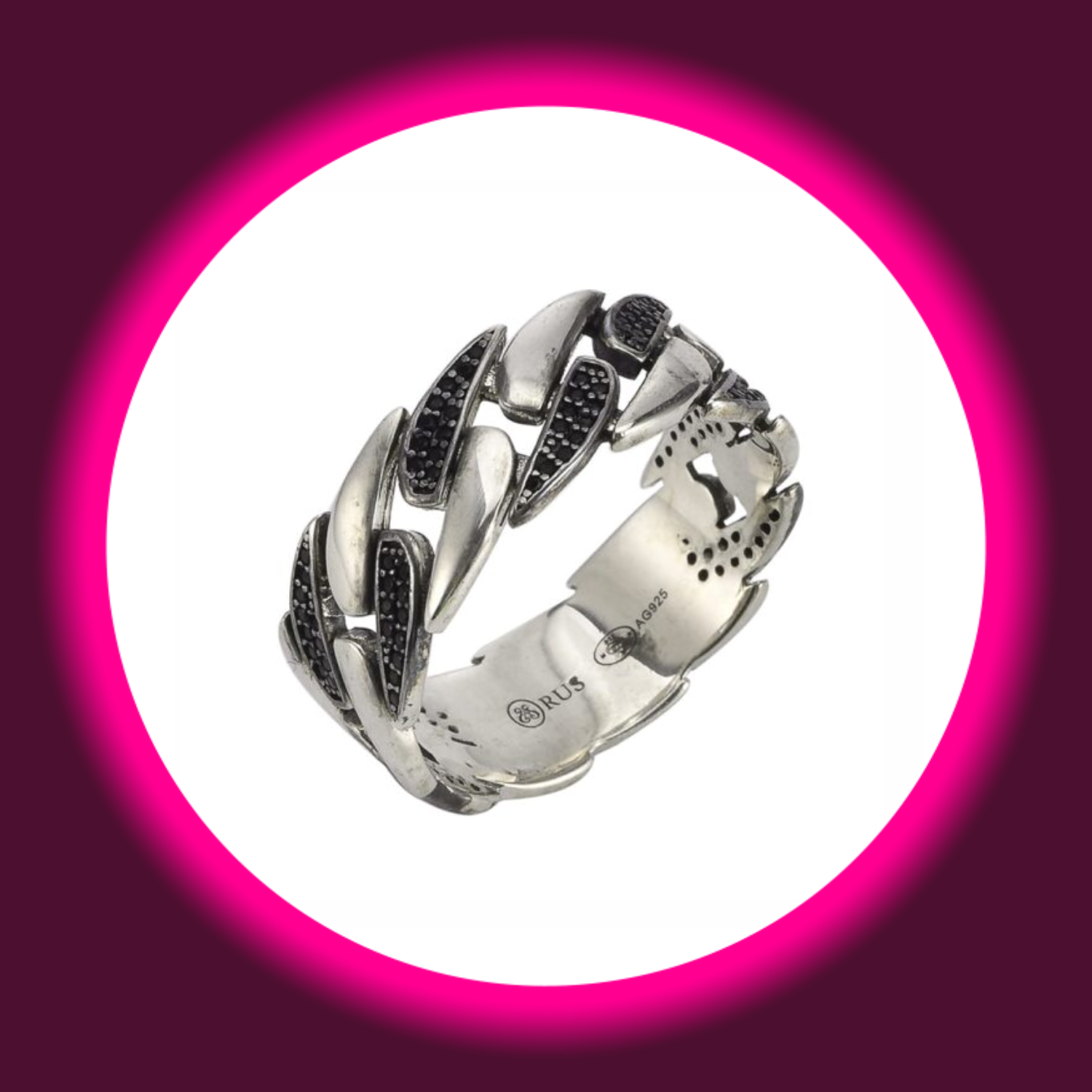 Frontansicht moderner Ring aus 925 Sterling Silber mit Elementen, die mit schwarzem Zirkonium besetzt sind