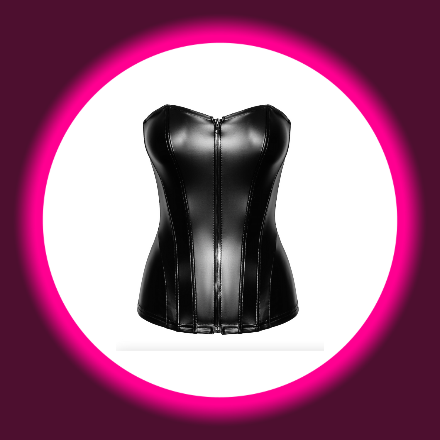 Frontansicht schwarzes glänzendes Korsett von Noir Handmade