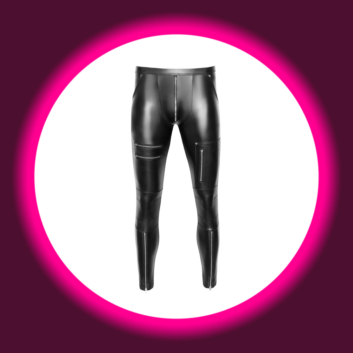 NEK Lange Hose Angelo schwarz – Frontansicht freistehend, schmale Mattlook-Hose mit unterlegtem Frontreißverschluss, doppelter Schenkeltasche, Zip-Details am Oberschenkel und Reißverschlüssen am Bein