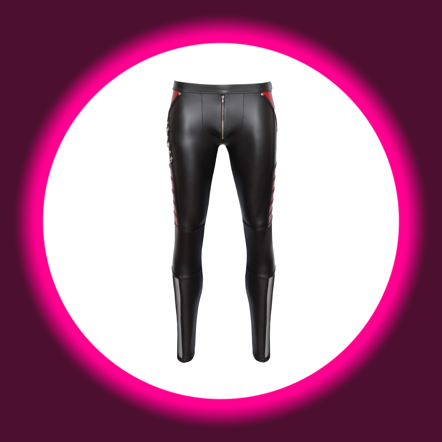 Frontansicht lange enge schwarze Hose von NEK mit roten Einsätzen