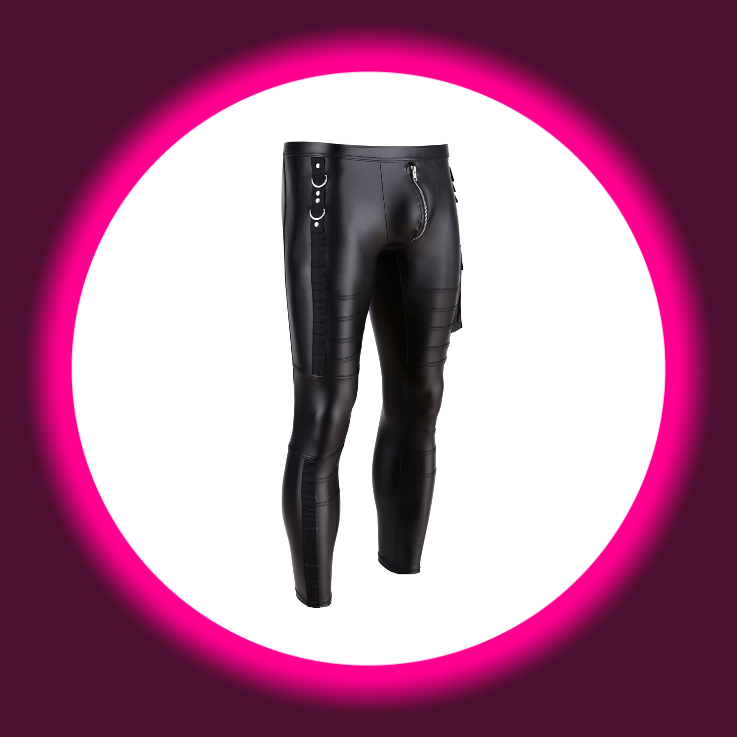 Winkelansicht schwarze enge Hose von NEK mit Ringen und rockigen Details