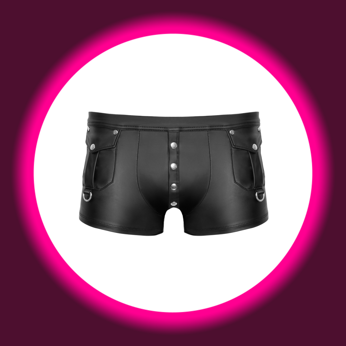 NEK Pants Ben schwarz – Frontansicht freistehend, Mattlook-Shorts mit Klappentaschen, D-Ringen und Druckknopfleiste im Schritt