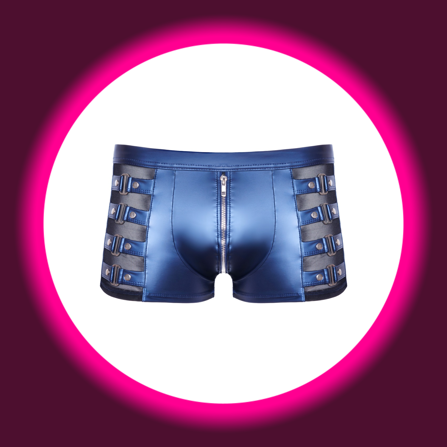 NEK Pants Wesley blau – Frontansicht freistehend, Metallic-Shorts mit beidseitigen Powernet-Einsätzen, nietenbesetzten Riemen und Frontreißverschluss