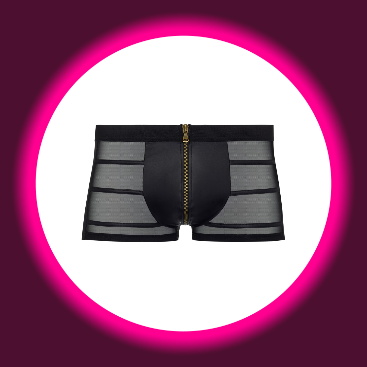 NEK Pants William schwarz – Frontansicht freistehend, körperbetonte Shorts mit horizontalen Powernet-Streifen und goldfarbenem Reißverschluss, breiter Bund