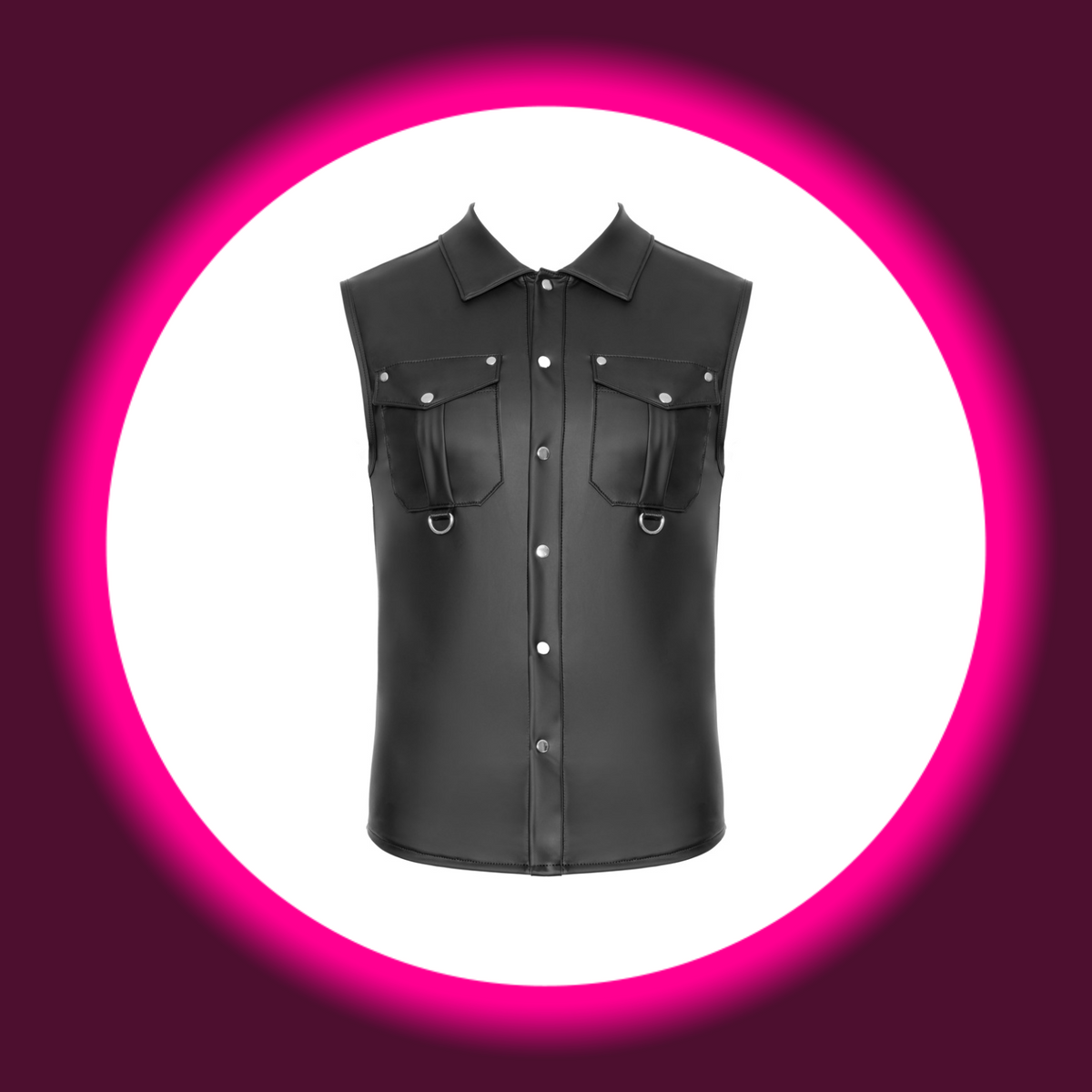 NEK Shirt Ben schwarz – Frontansicht freistehend, ärmelloses Mattlook-Shirt mit Hemdblusenkragen, zwei Brusttaschen mit Druckknöpfen und D-Ringen, durchgehende Druckknopfleiste