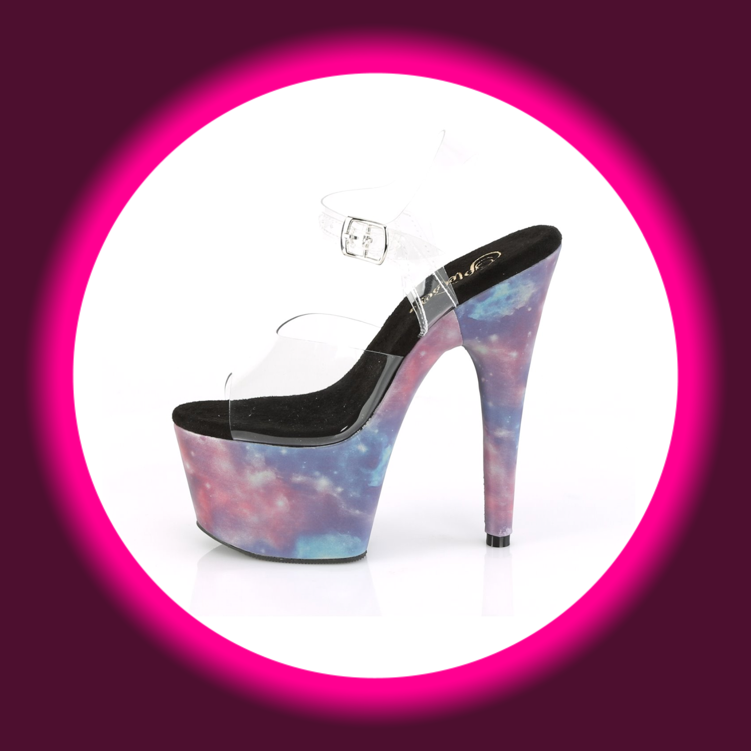 seitliche Ansicht auf eine uv-reaktive mehrfarbige Sandalette bzw. High Heels mit transparenten Riemen