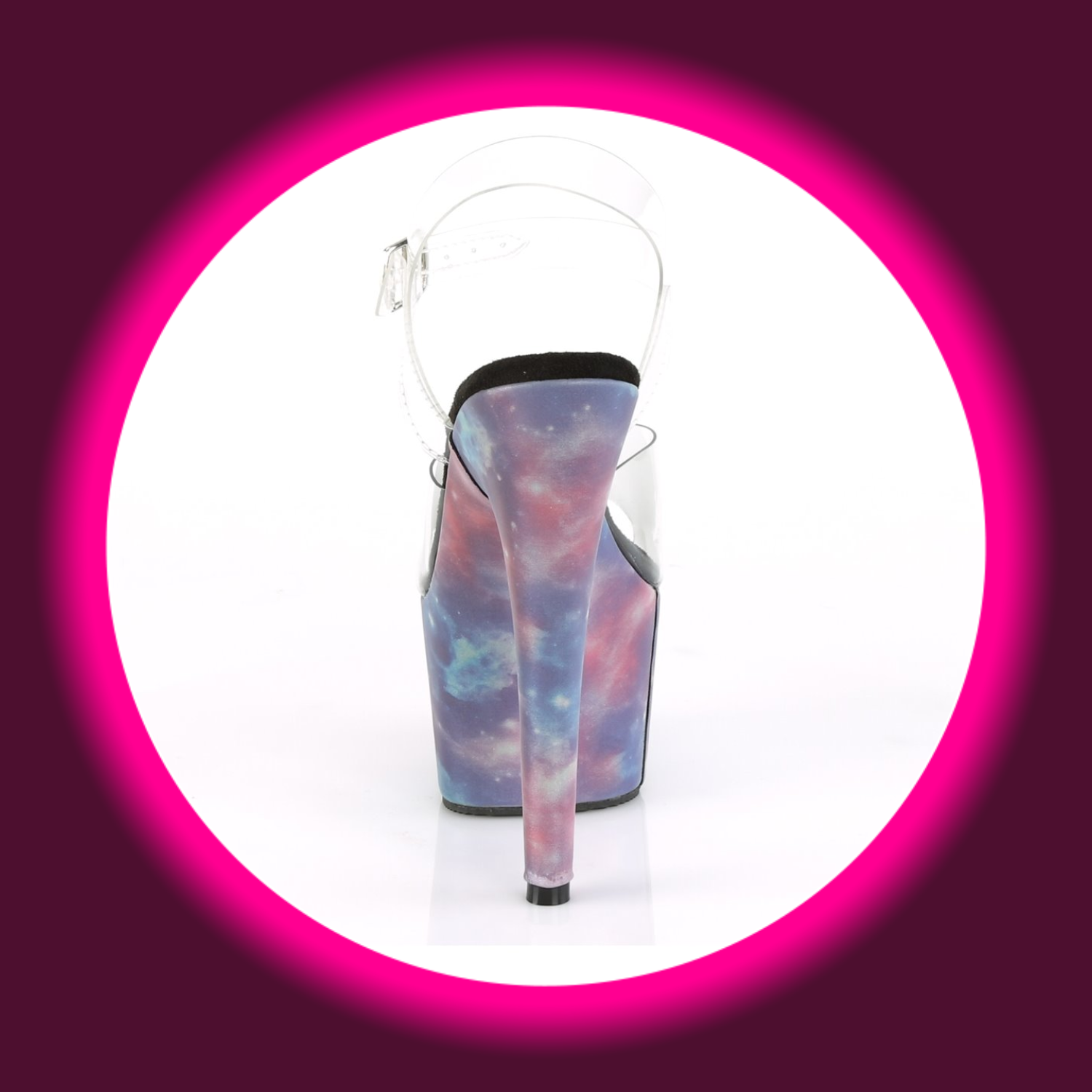 Rückansicht auf eine uv-reaktive mehrfarbige Sandalette bzw. High Heels mit transparenten Riemen