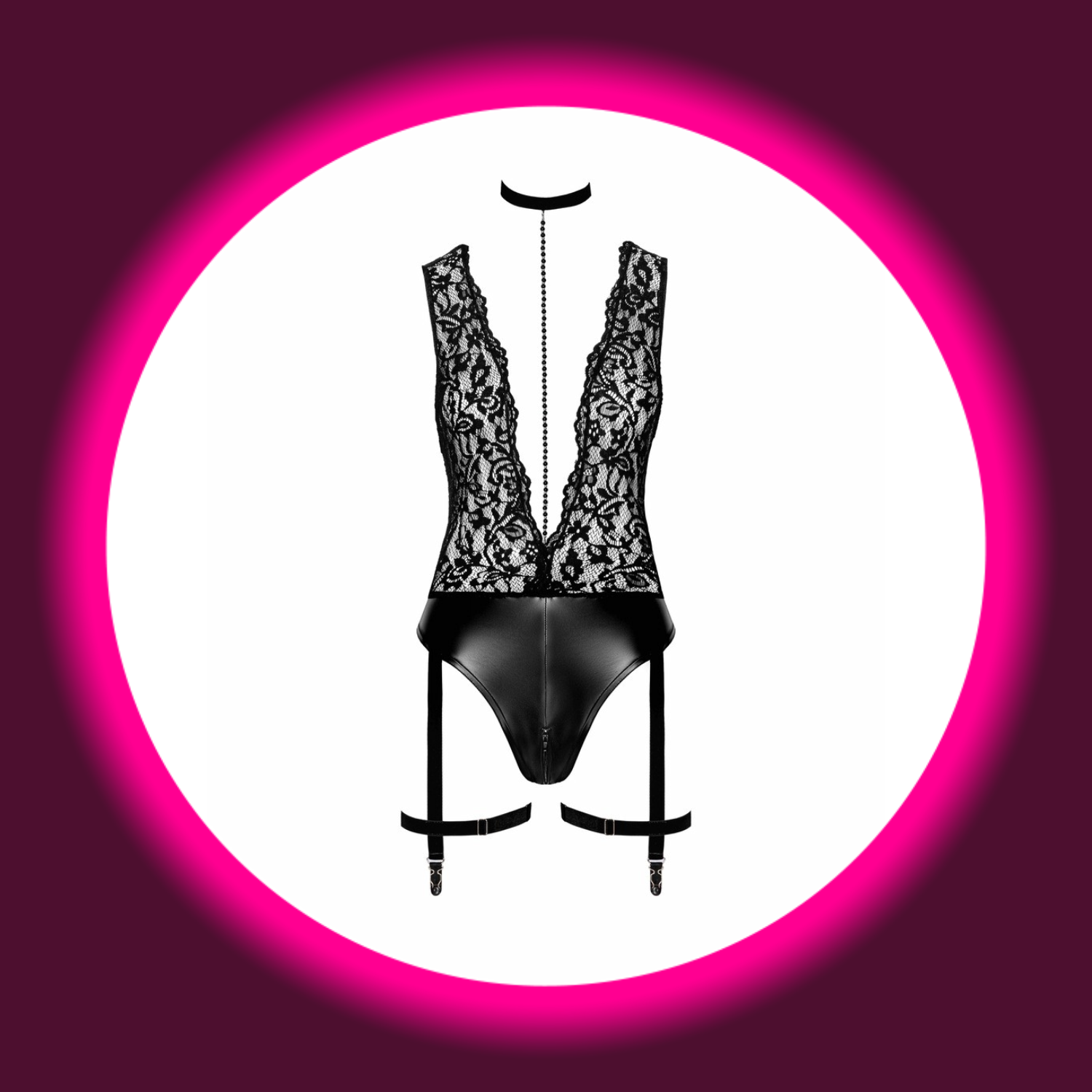 Frontansicht schwarzer Body F297 mit Strapshaltern und Kette, oben Spitze, unten Wetlook - Noir Handmade