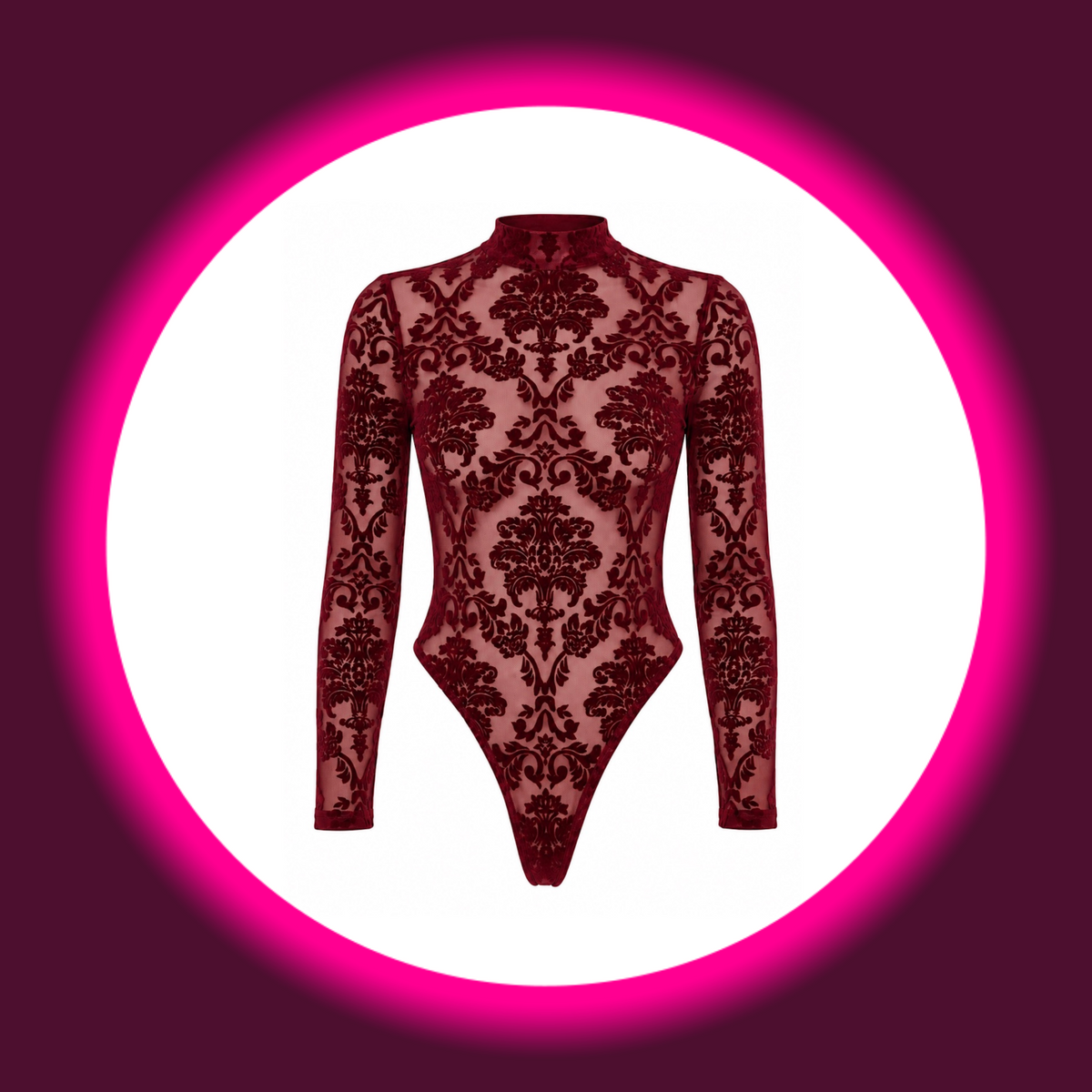 NOIR HANDMADE Body Masquerade F422 weinrot – Frontansicht freistehend, langärmliger Body mit Stehkragen und ornamentalem Damast-Flockmuster auf transparentem Tüll