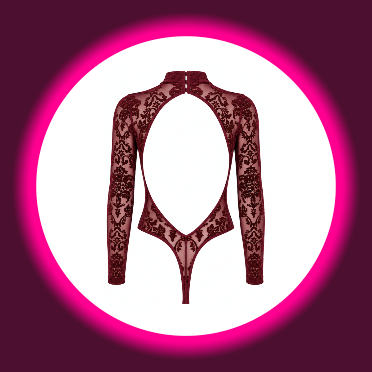 NOIR HANDMADE Body Masquerade F422 weinrot – Rückansicht freistehend, großer ovaler Rückenausschnitt mit Stehkragen-Hakenverschluss, String-Schnitt und ornamentalem Damast-Flockmuster