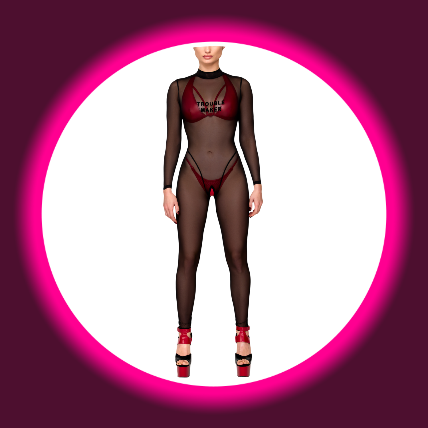 Noir Handmade Troublemaker F387 Catsuit in Schwarz – Frontansicht mit offenem Schritt und beflocktem Print