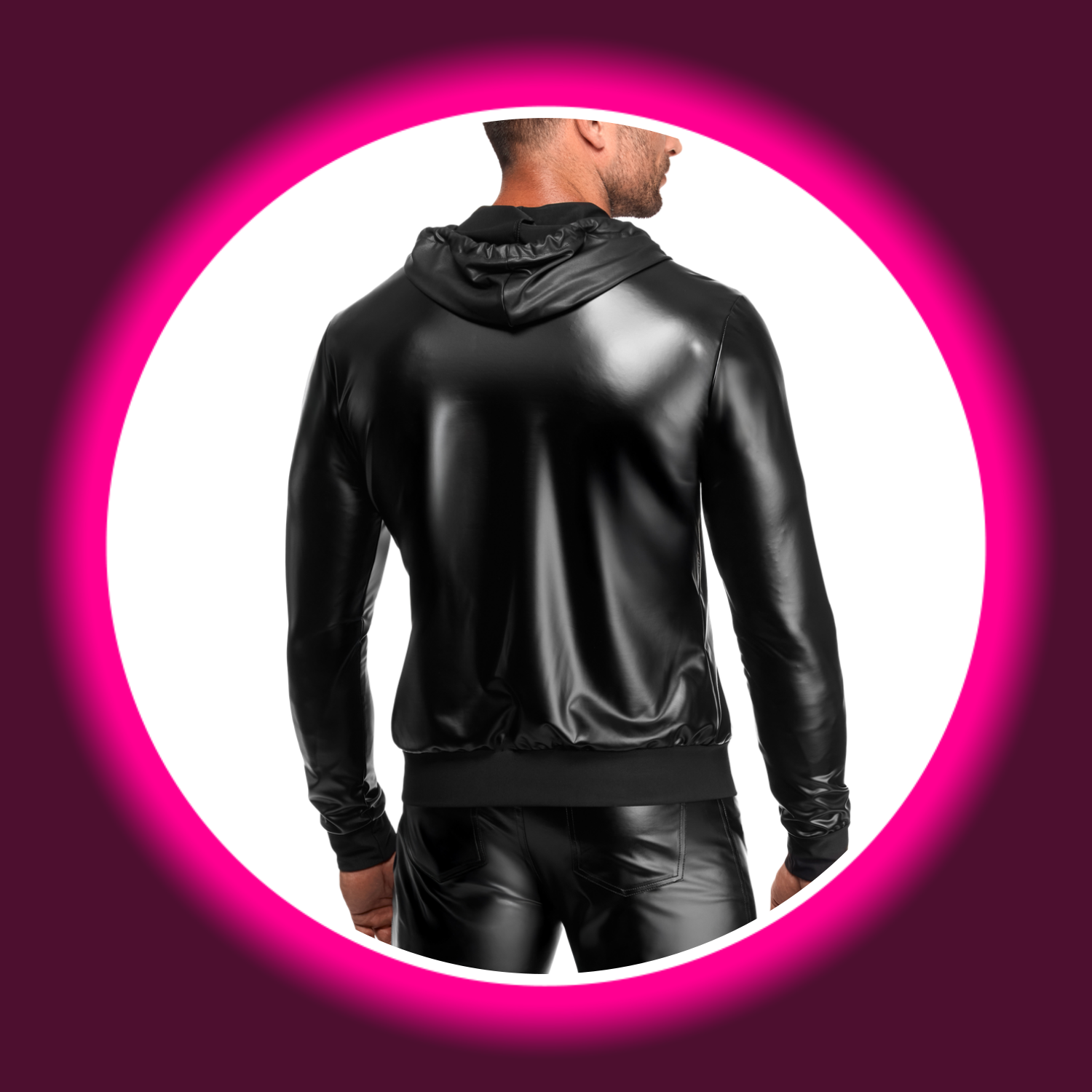 Rückansicht schwarze Wetlook Hoodiejacke Vexen H086 von Noir Handmade