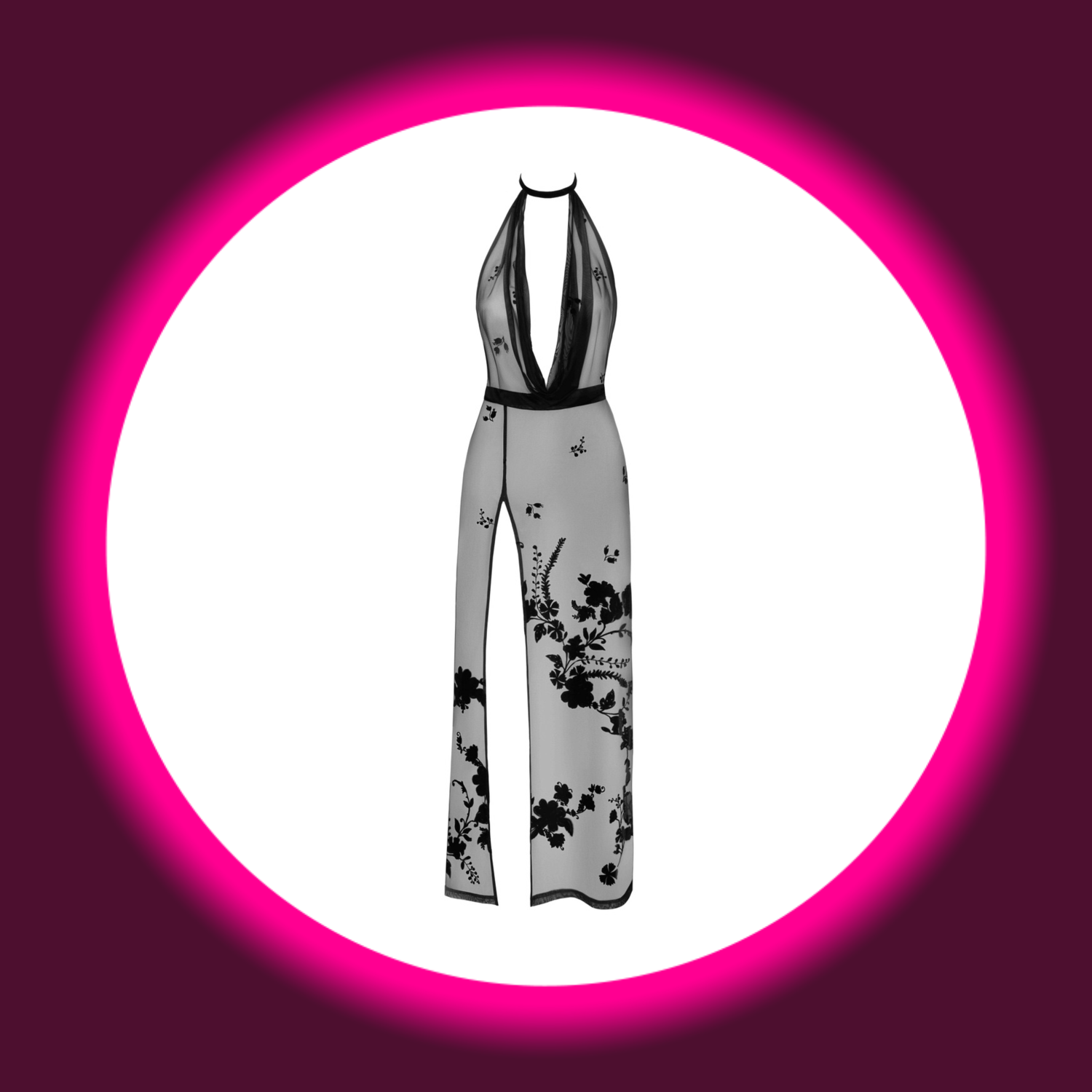 Frontansicht langes semitransparentes schwarzes Kleid F312 mit Blumenmuster von Noir Handmade