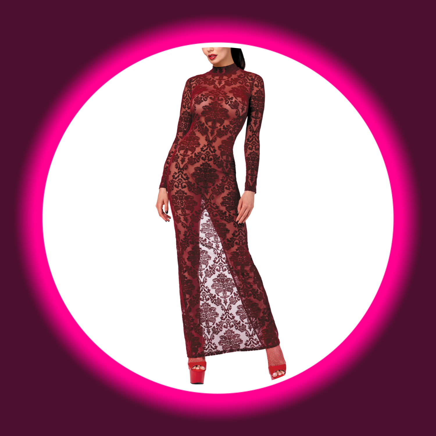 Frontansicht weinrotes langes Kleid F383 mit floralem Samtflock-Print und langen Ärmeln, von Noir Handmade