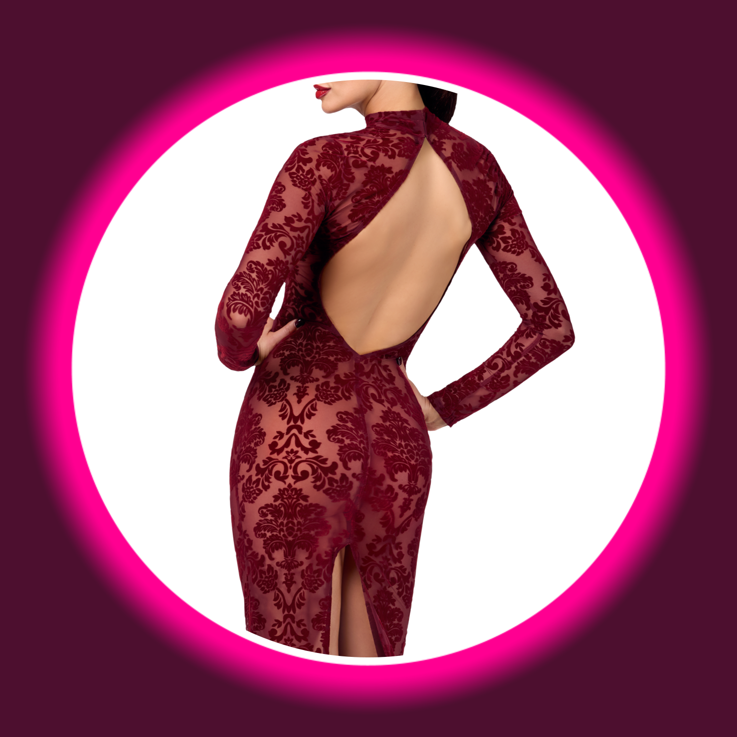 Rückansicht weinrotes langes Kleid F383 mit floralem Samtflock-Print, offenem Rücken und langen Ärmeln, von Noir Handmade