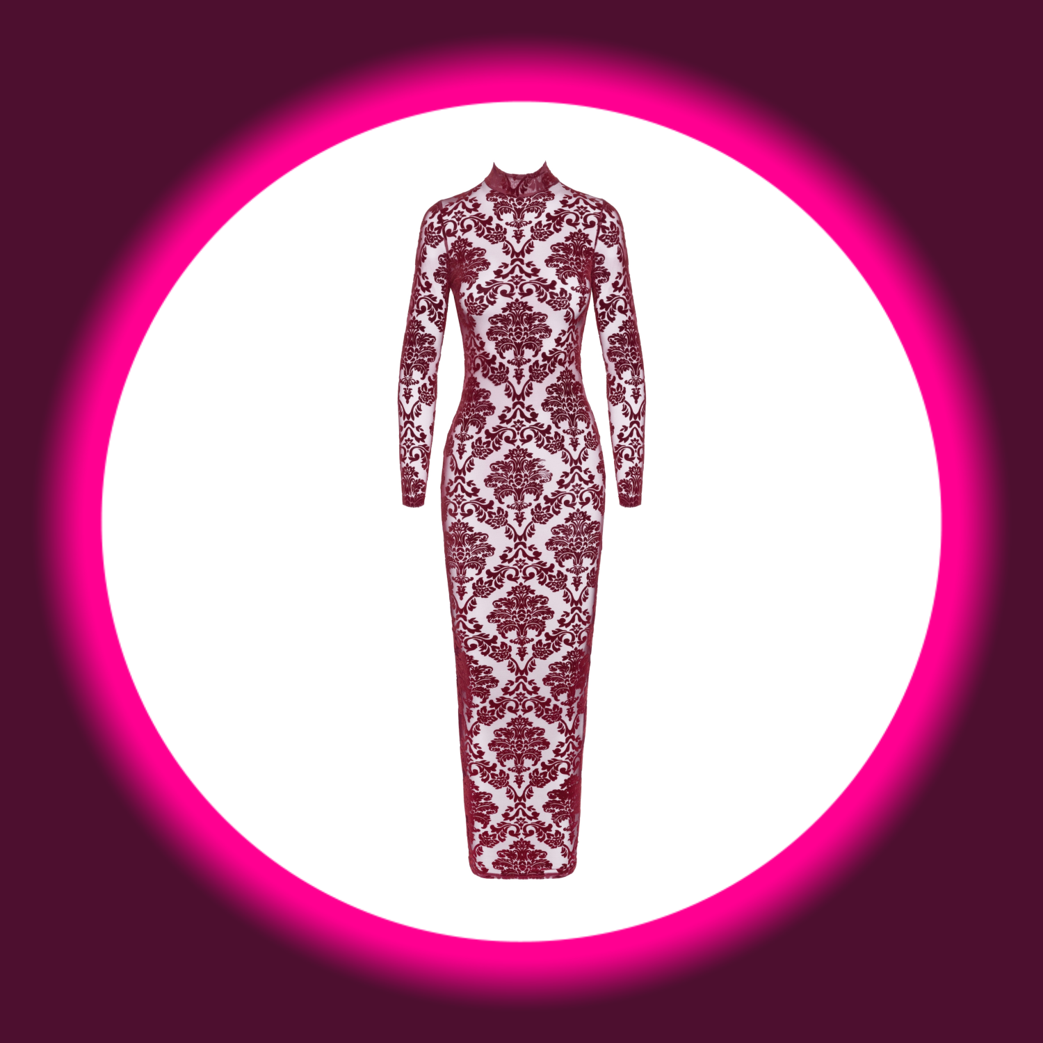 Frontansicht weinrotes langes Kleid F383 mit floralem Samtflock-Print und langen Ärmeln, von Noir Handmade