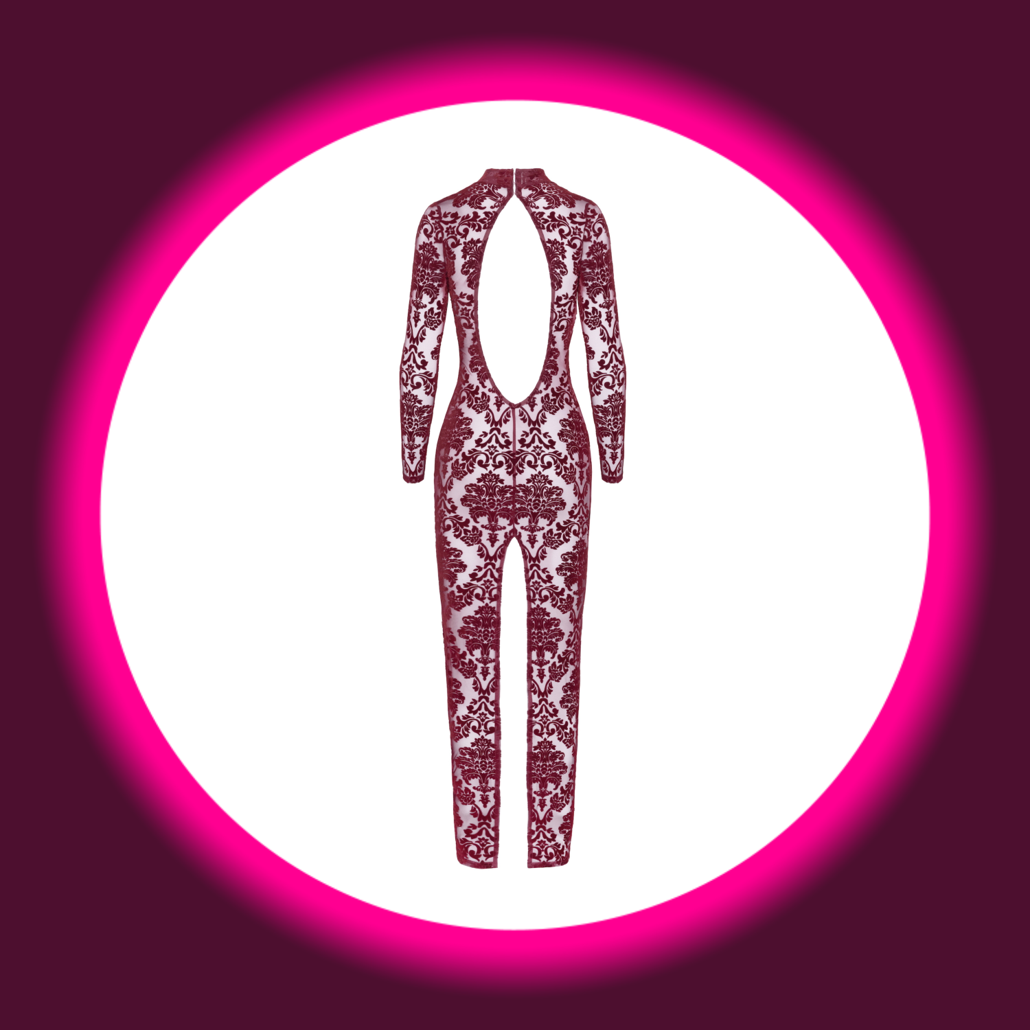 Rückansicht weinrotes langes Kleid F383 mit floralem Samtflock-Print, offenem Rücken und Beinschlitz, von Noir Handmade