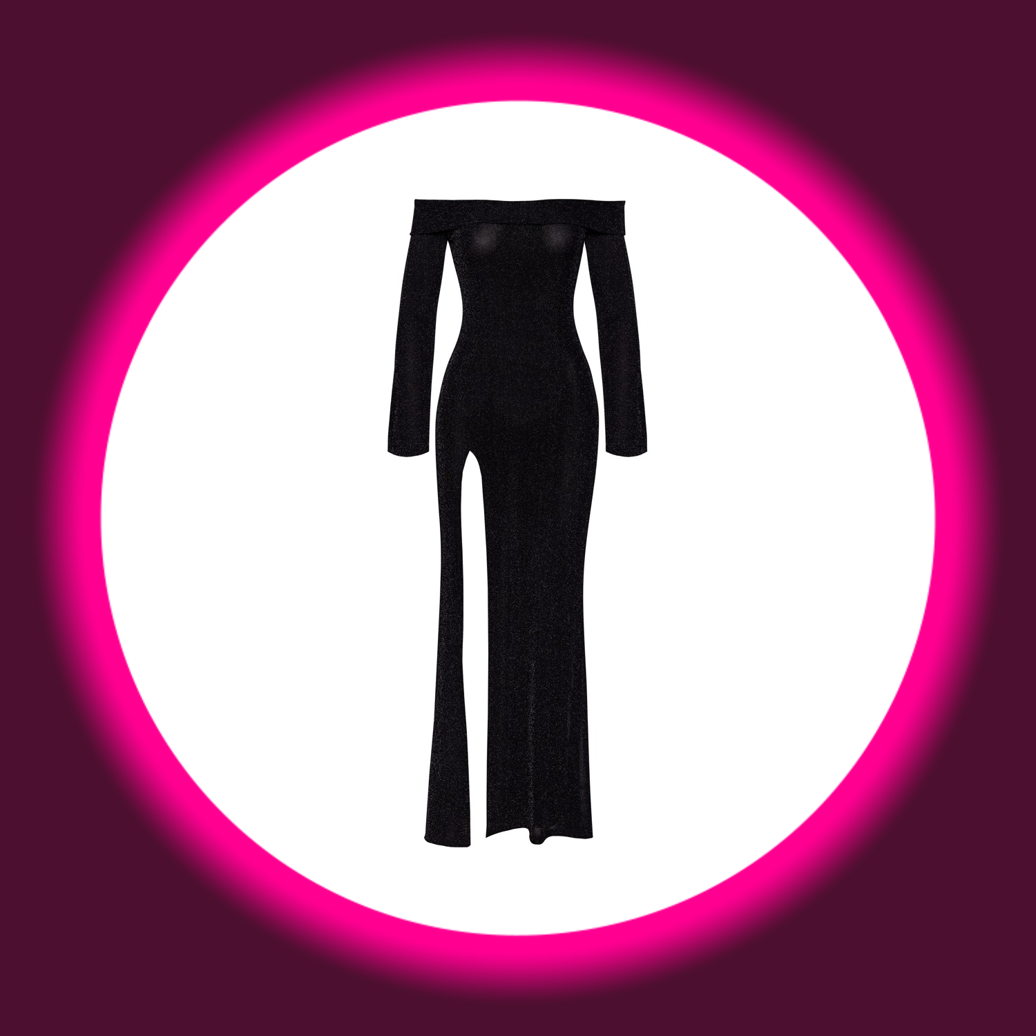 Frontansicht langes schwarzes Kleid mit hohem Beinschlitz und Carmenausschnitt, Noir Handmade