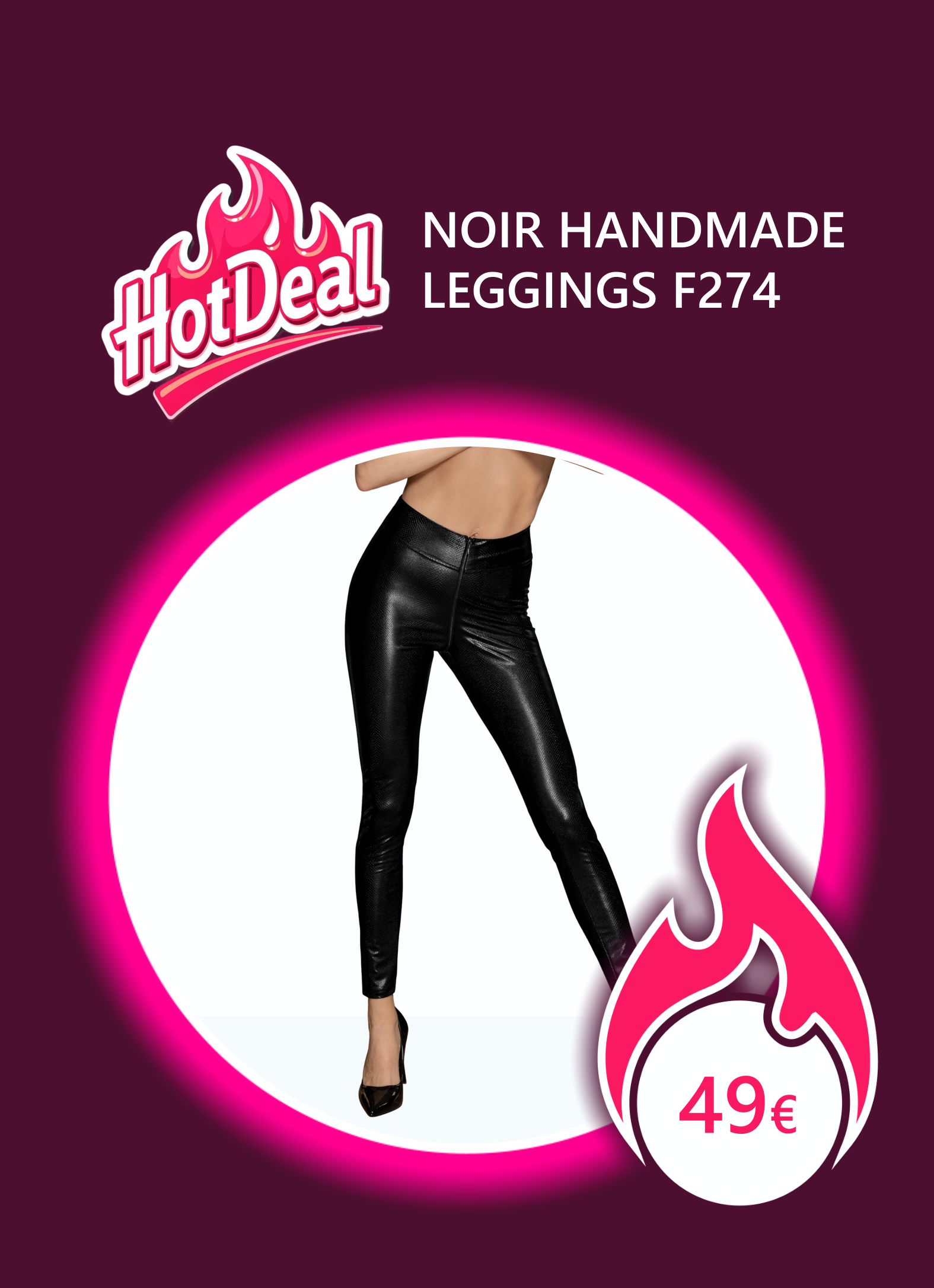 Frontansicht schwarze taillenhohe Leggings F274 mit Schlangenmuster und Reißverschluss, von Noir Handmade