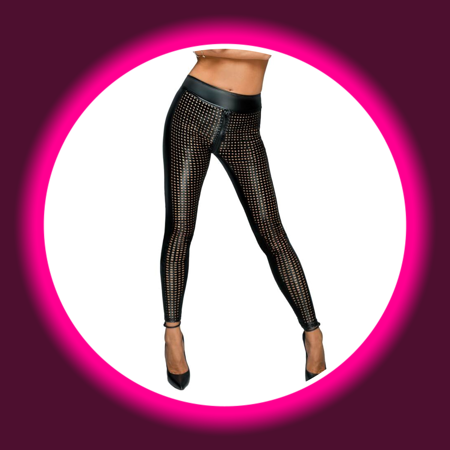 Frontansicht schwarze perforierte Leggings Mayhem F233 von Noir Handmade
