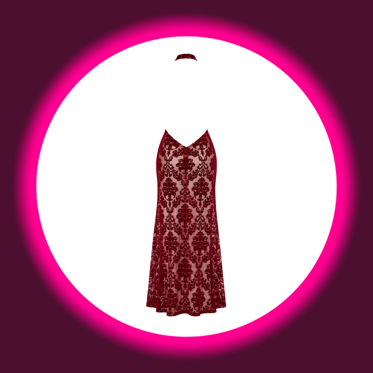 NOIR HANDMADE Maxi Kleid Masquerade F424 weinrot – Rückansicht freistehend, offener Rücken mit Nackenverschluss, ornamentales Damast-Flockmuster auf transparentem Flockdruck-Tüll