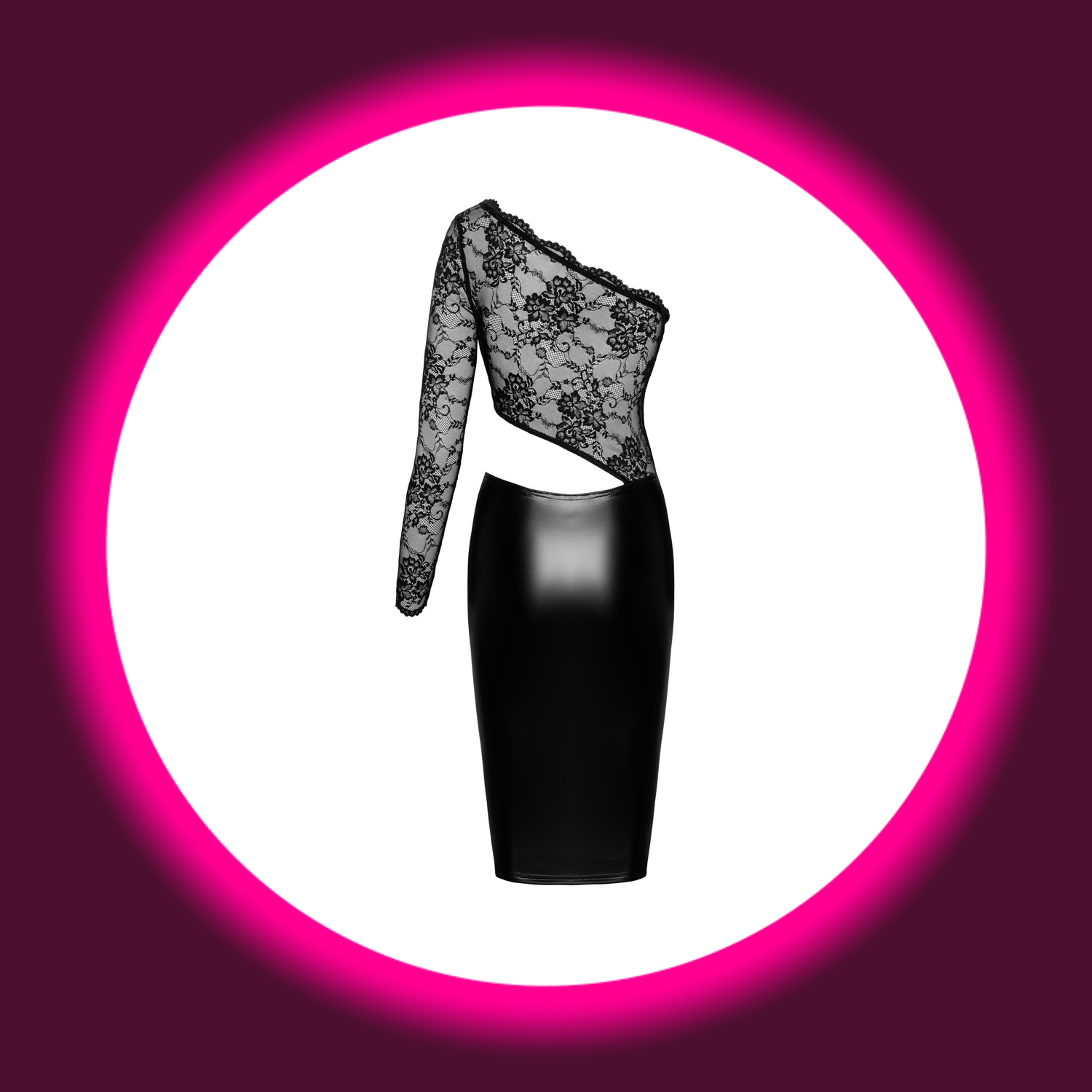 Rückansicht Noir Handmade enges asymmetrisches schwarzes Wetlook Kleid F339 mit Spitzenoberteil