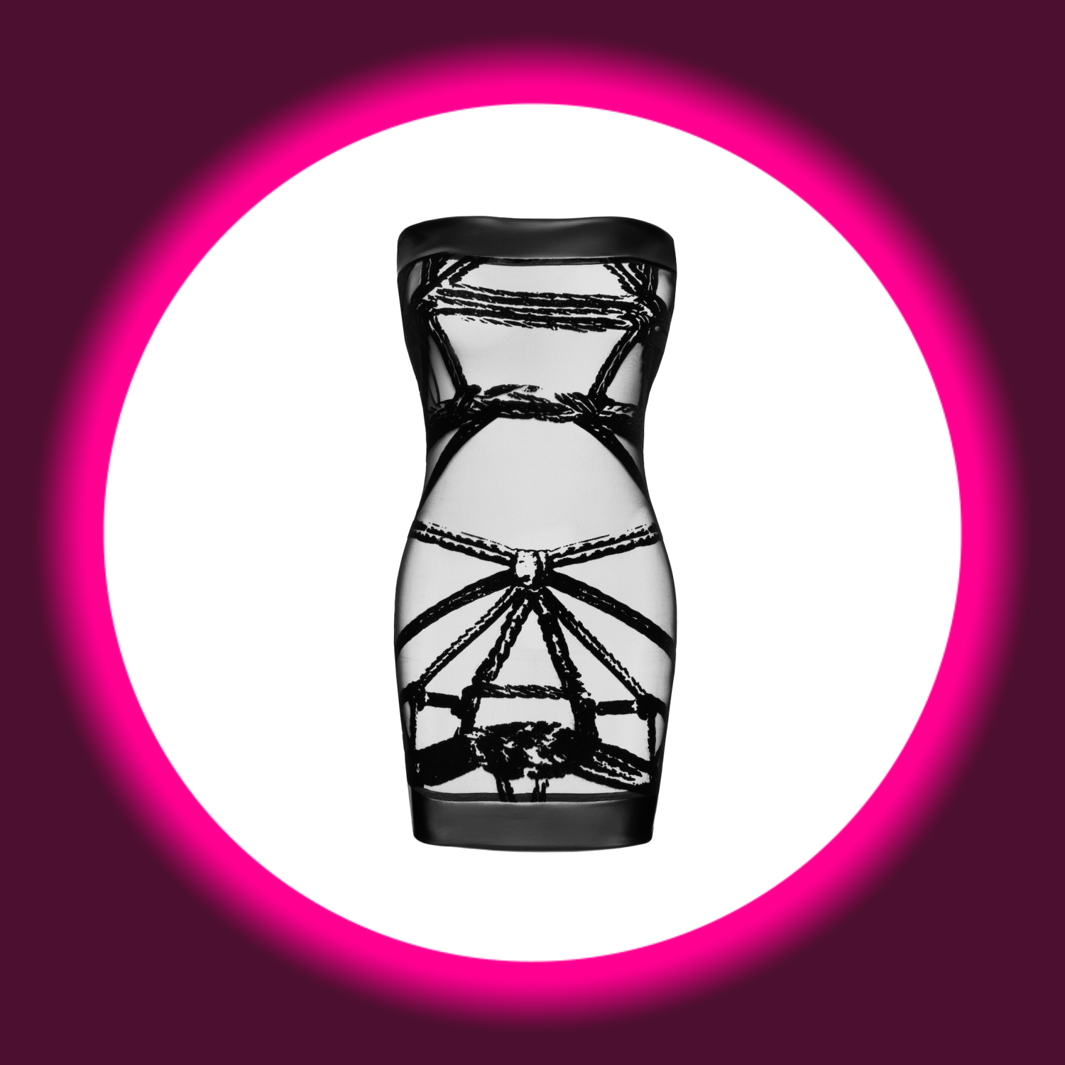 Frontansicht schwarzes Minikleid Bondesque F359, trägerlos mit Shibari-Muster, von Noir Handmade