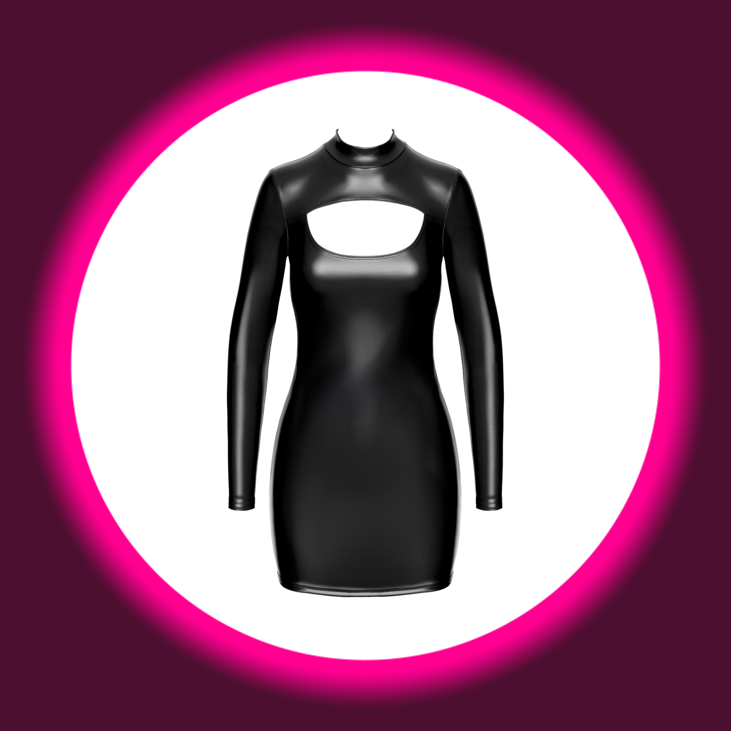 Frontansicht schwarzes Minikleid F366 im Powerwetlook, mit langen Ärmeln und Stehkragen, Noir Handmade