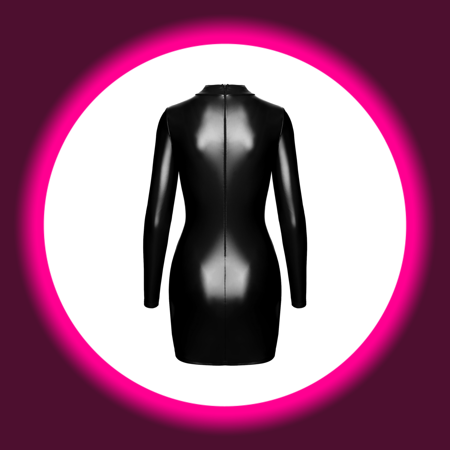 Rückansicht schwarzes Minikleid F366 im Powerwetlook, mit langen Ärmeln und Stehkragen, Noir Handmade