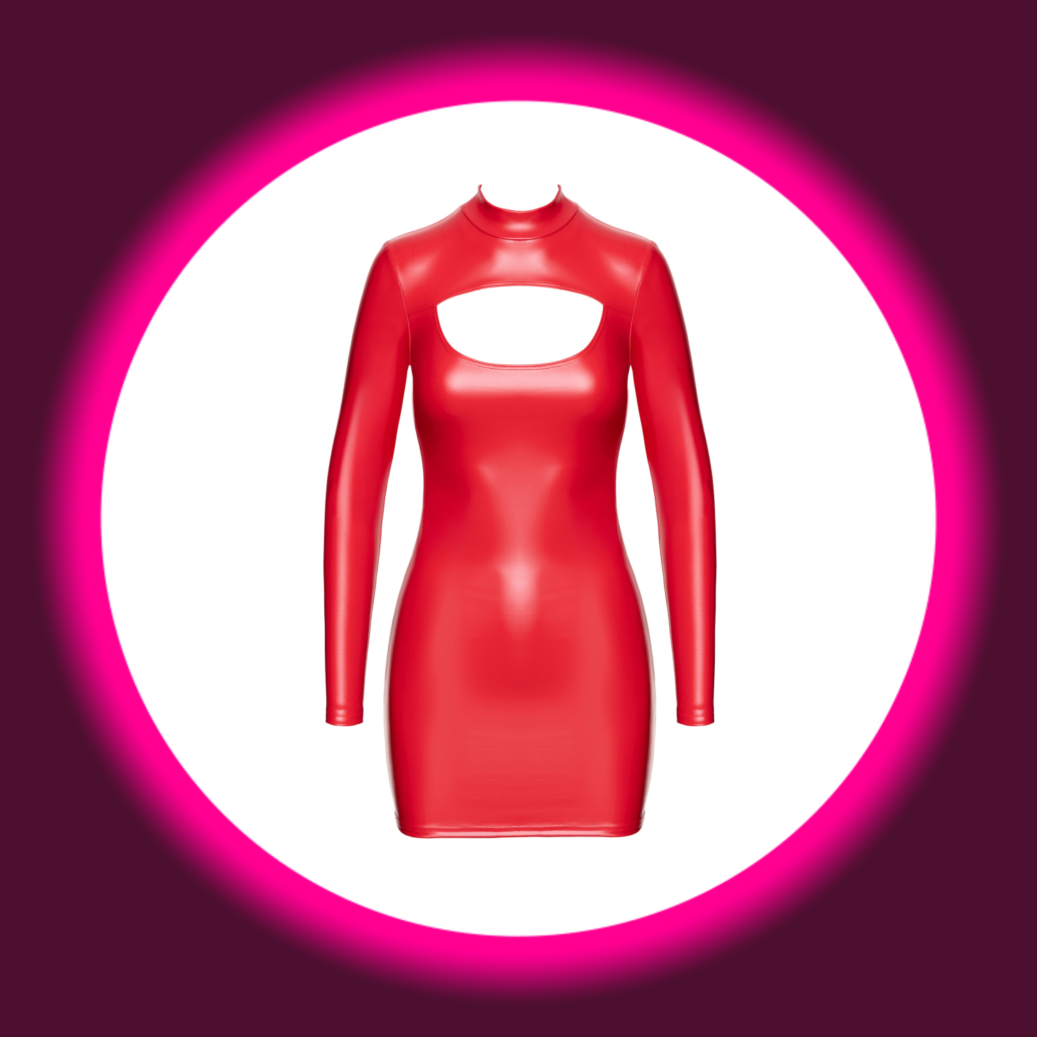 Frontansicht rotes Minikleid F367 im Powerwetlook, mit langen Ärmeln und Stehkragen, Noir Handmade