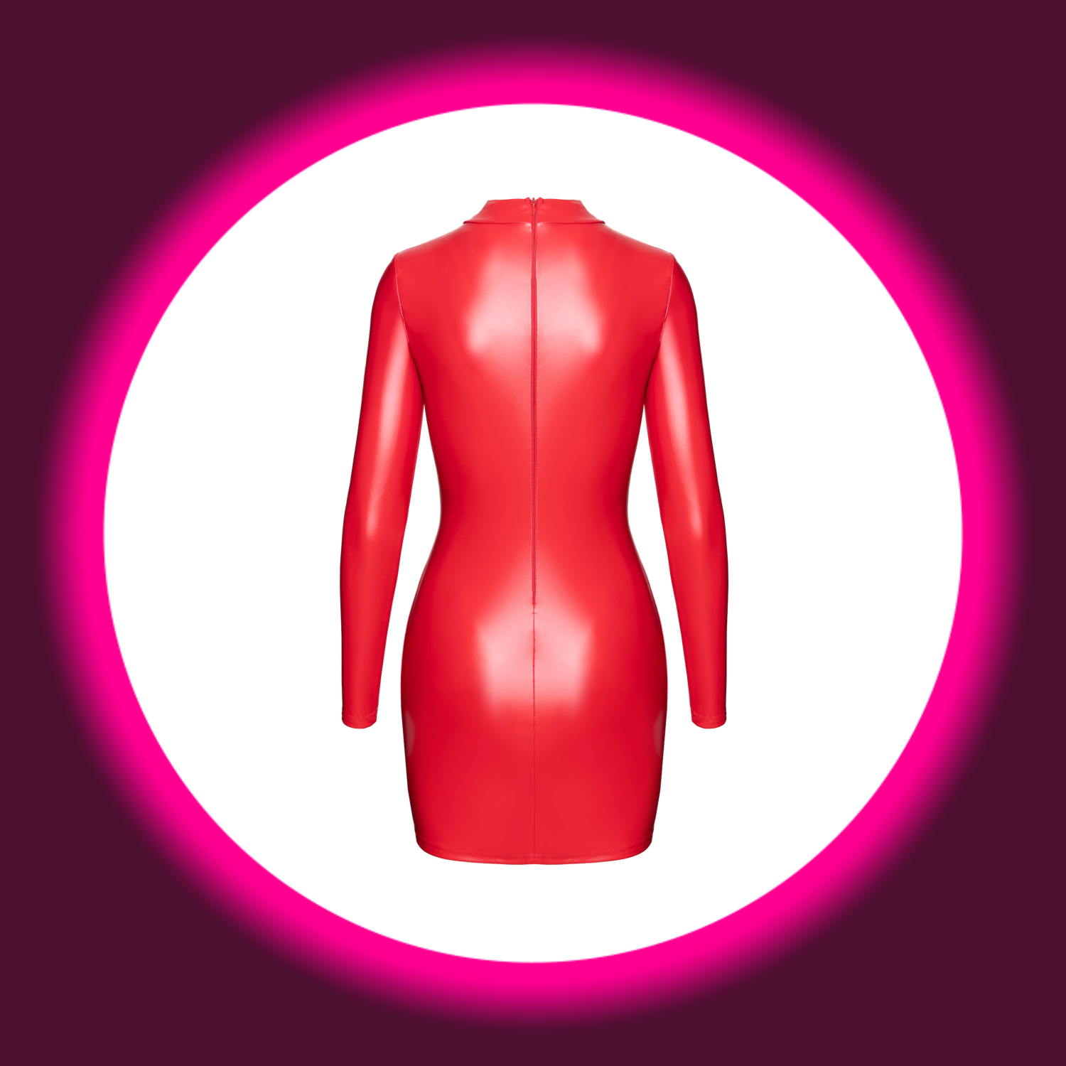 Rückansicht rotes Minikleid F367 im Powerwetlook, mit langen Ärmeln und Stehkragen, Noir Handmade