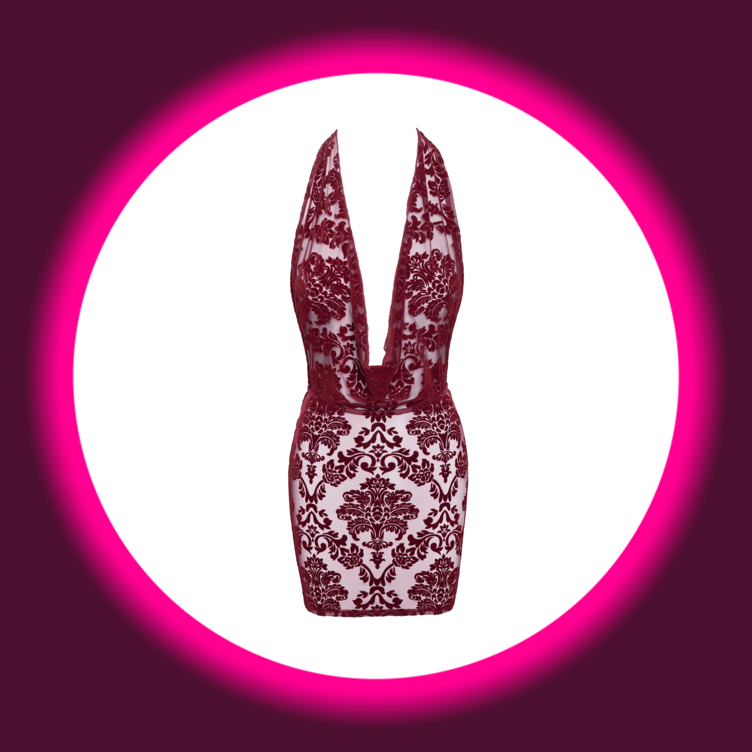 Frontansicht weinrotes Minikleid F385 mit Wasserfallausschnitt, Flock-Druck und floralem Muster, Noir Handmade